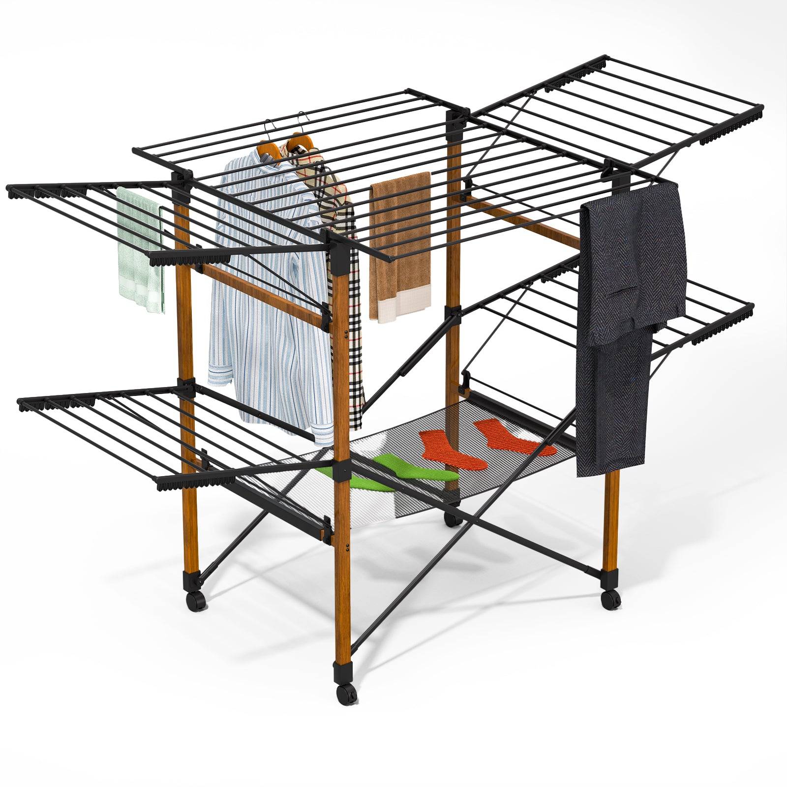 Vounot - Étendoir à linge pliable 173x94x123cm, Séchoir grande capacité avec roulettes et maille, 30m d’étendage, Noir effet bois, VOUNOT® - Image 1