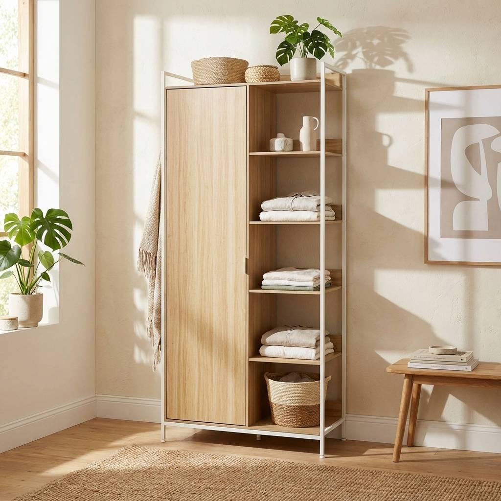 Module dressing blanc avec 1 penderie. 6 étagères et 1 porte. L 100 x P 48 x H 190 cm | sweeek - Image 1
