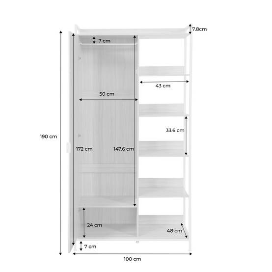 Module dressing blanc avec 1 penderie. 6 étagères et 1 porte. L 100 x P 48 x H 190 cm | sweeek - Image 4