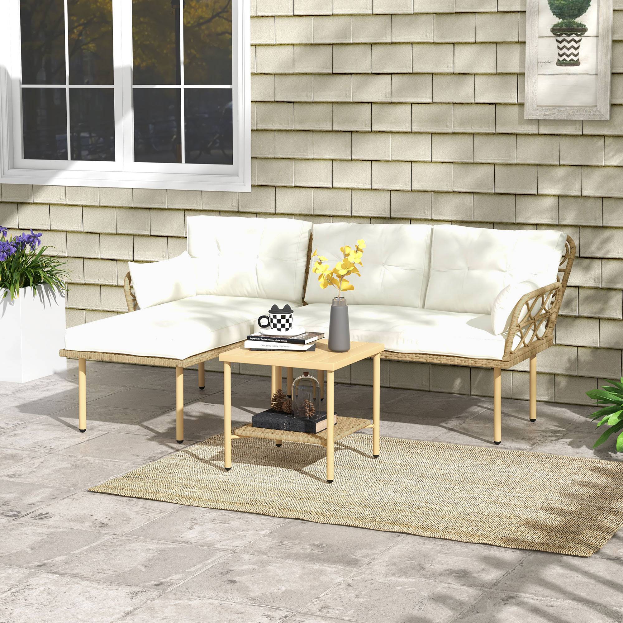Ensemble jardin 3 pcs avec chaise longue, canapé, coussins et table, rotin acier, crème bois - Image 10