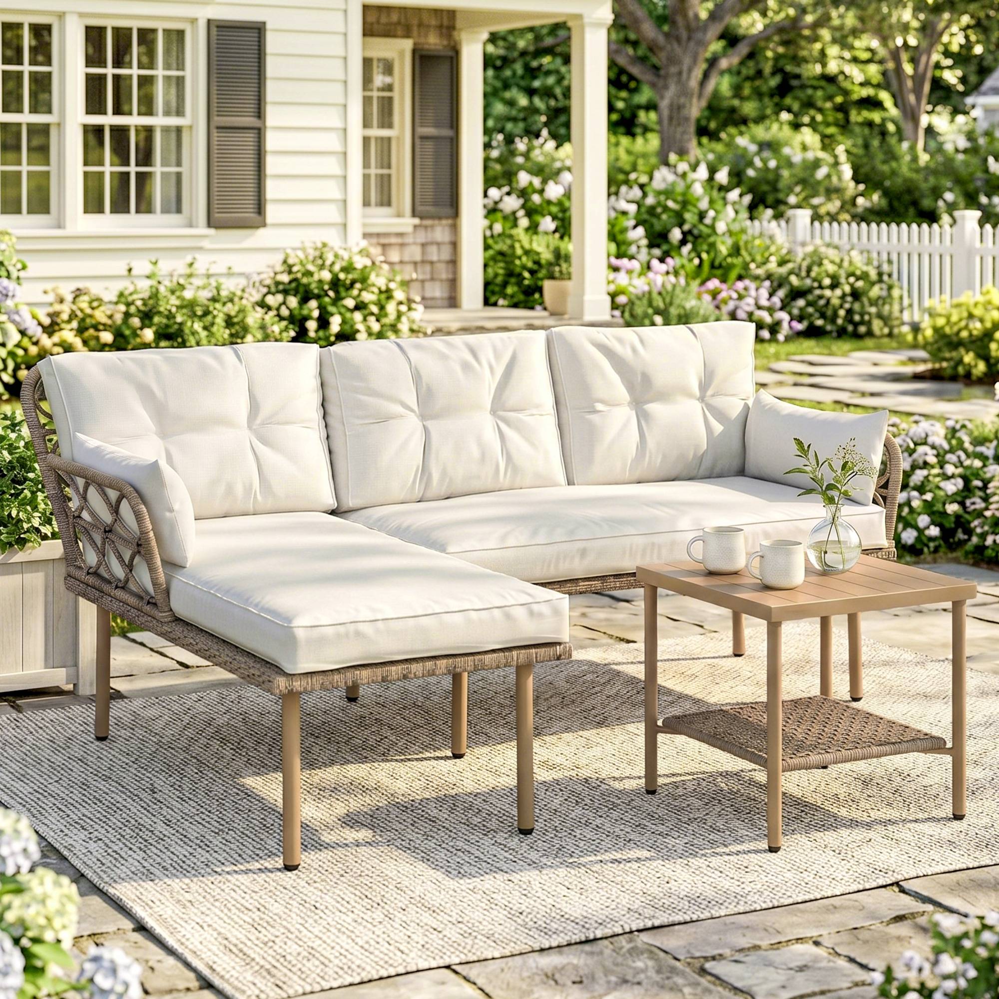 Ensemble jardin 3 pcs avec chaise longue, canapé, coussins et table, rotin acier, crème bois - Image 4