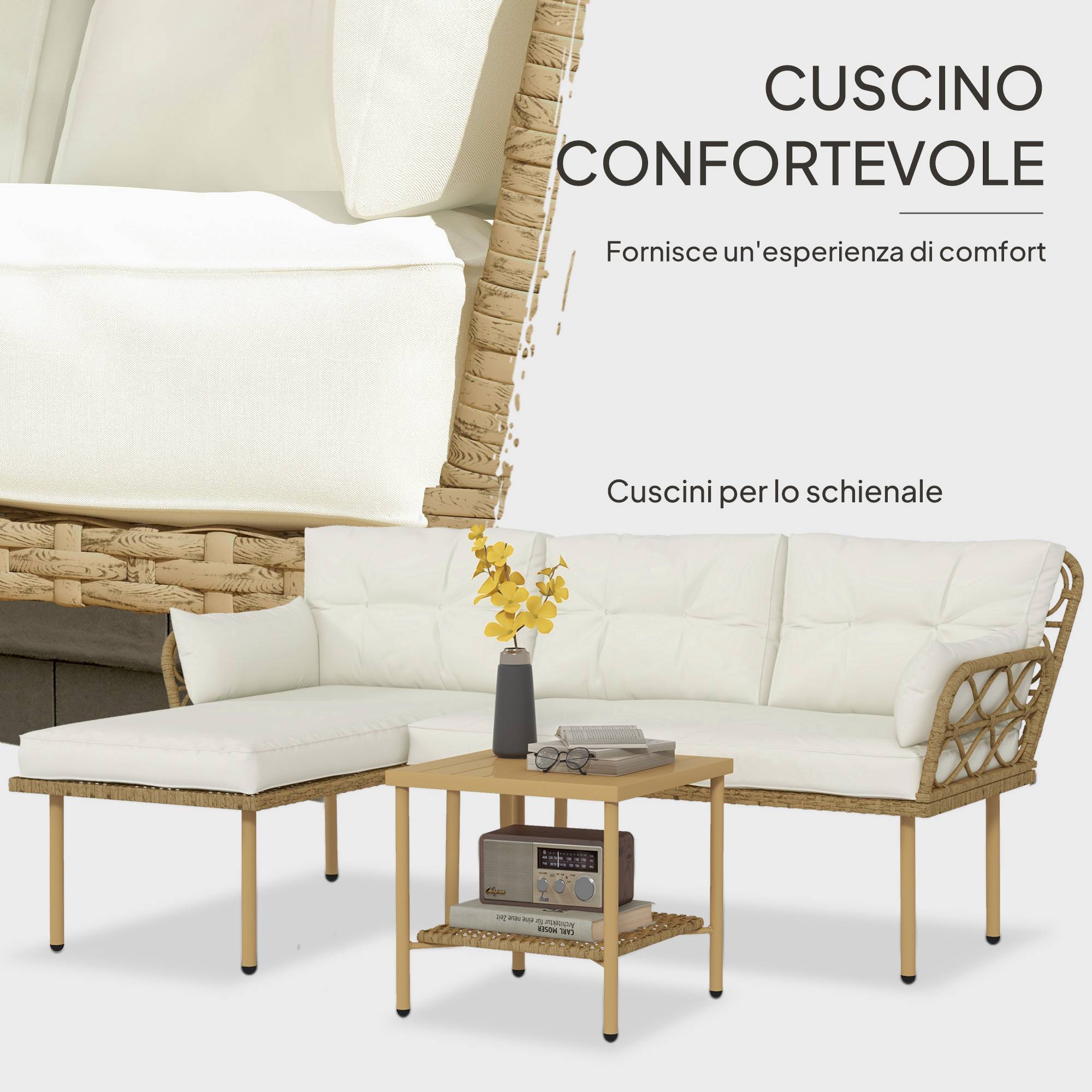 Ensemble jardin 3 pcs avec chaise longue, canapé, coussins et table, rotin acier, crème bois - Image 7