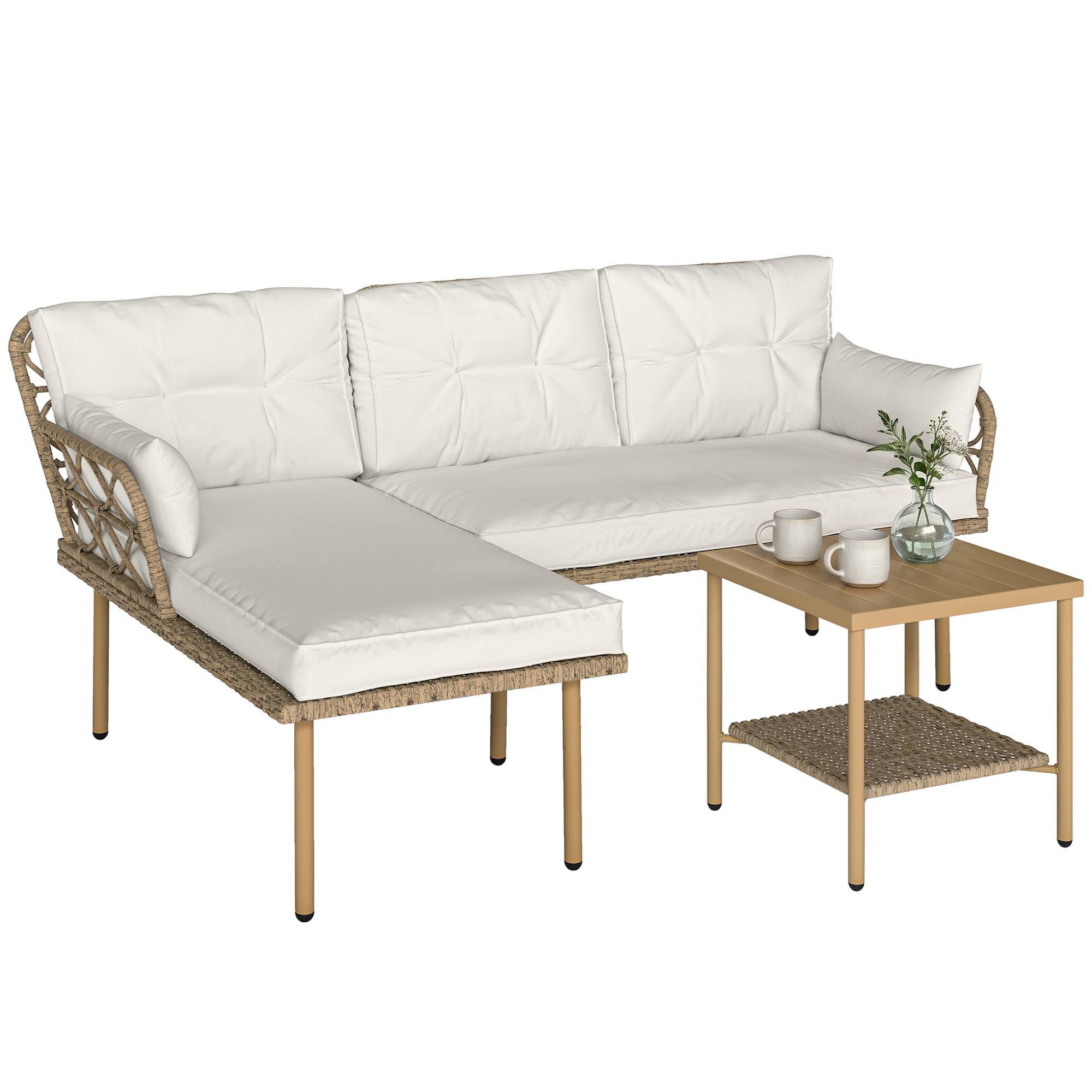 Ensemble jardin 3 pcs avec chaise longue, canapé, coussins et table, rotin acier, crème bois