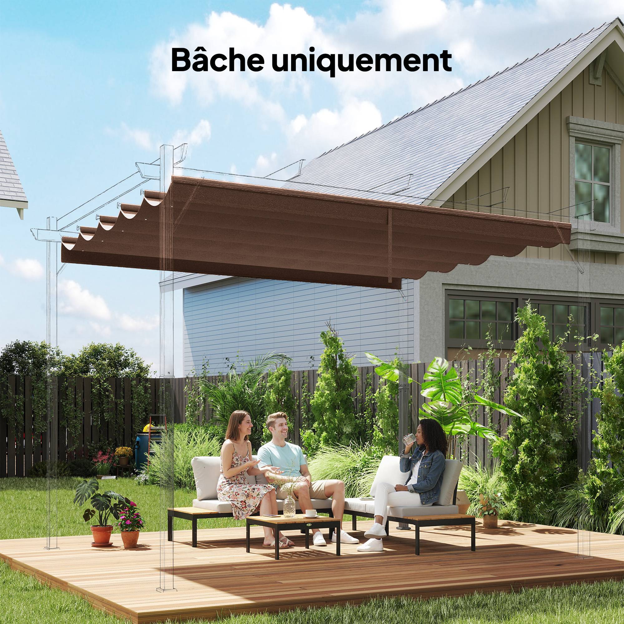 Sans Marque - Toile de toit pour pergola tonnelle rétractable de 3 x 3 m - toile uniquement 250 x 255 cm café - Image 3