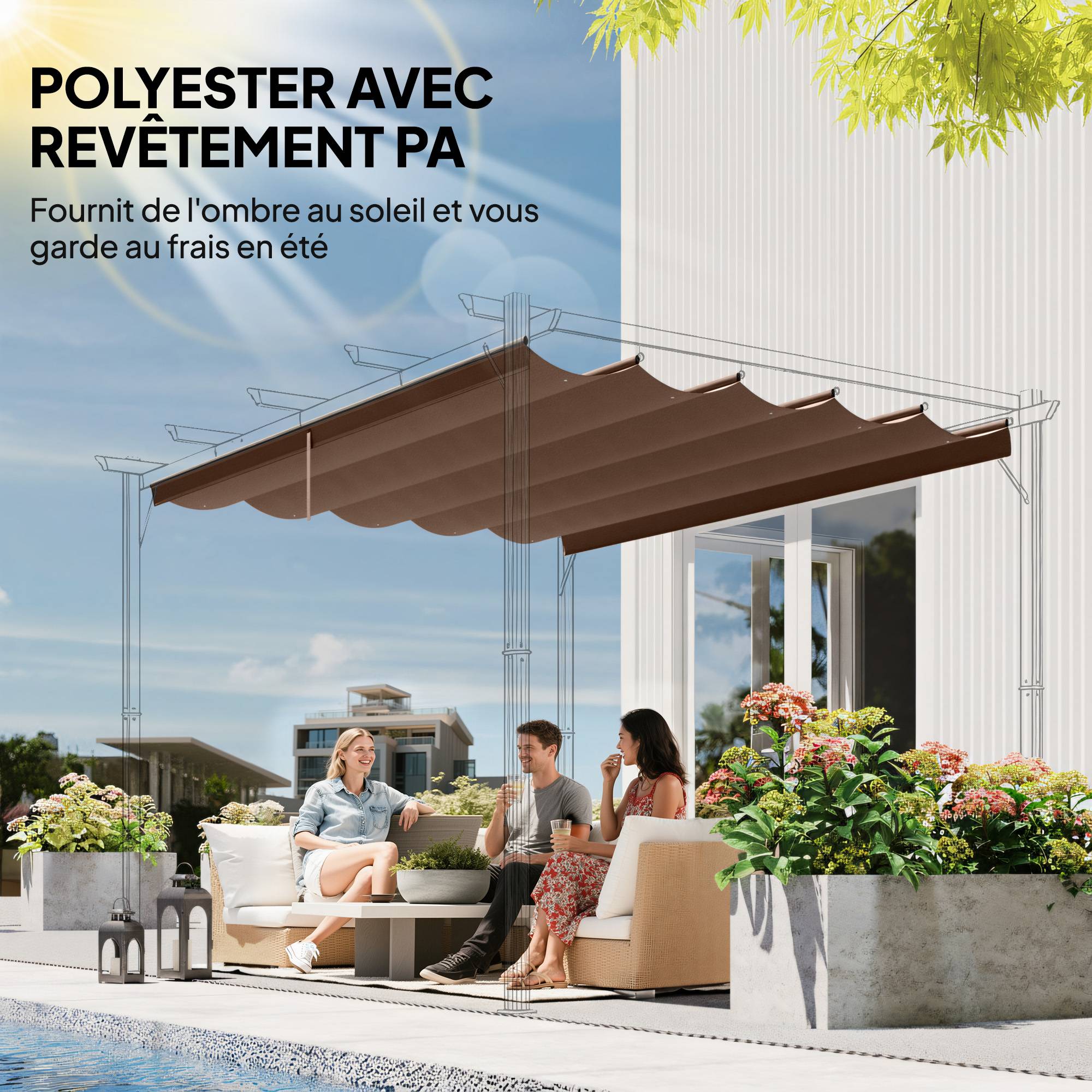 Sans Marque - Toile de toit pour pergola tonnelle rétractable de 3 x 3 m - toile uniquement 250 x 255 cm café - Image 7