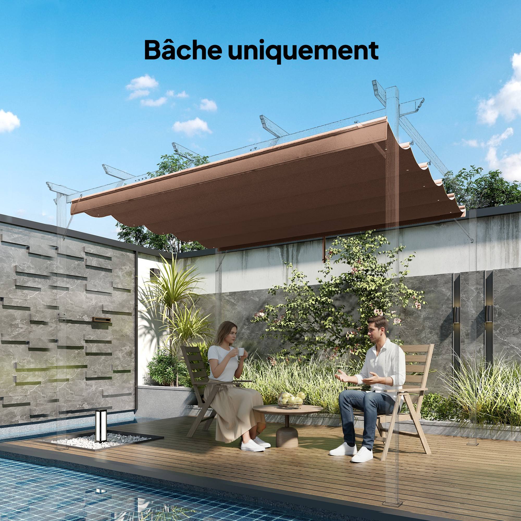 Sans Marque - Toile de toit pour pergola tonnelle rétractable de 3 x 3 m - toile uniquement 250 x 255 cm café - Image 4