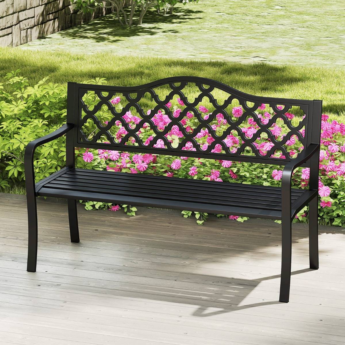 Maison Chic - Banc de Jardin de 128cm en Métal Assise en Lattes pour 2 à 3 Personnes avec Accoudoirs Incurvés - Image 2