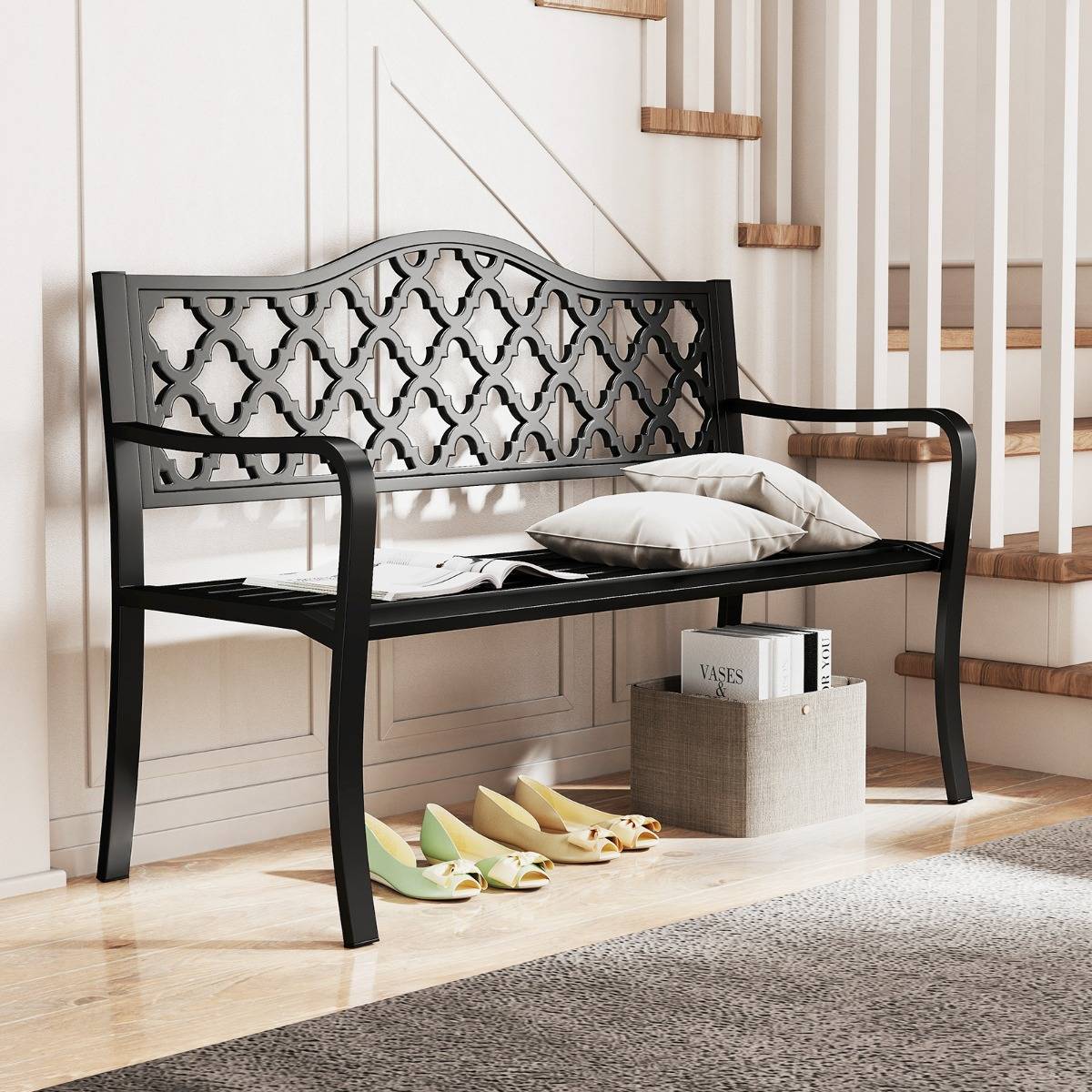 Maison Chic - Banc de Jardin de 128cm en Métal Assise en Lattes pour 2 à 3 Personnes avec Accoudoirs Incurvés - Image 3
