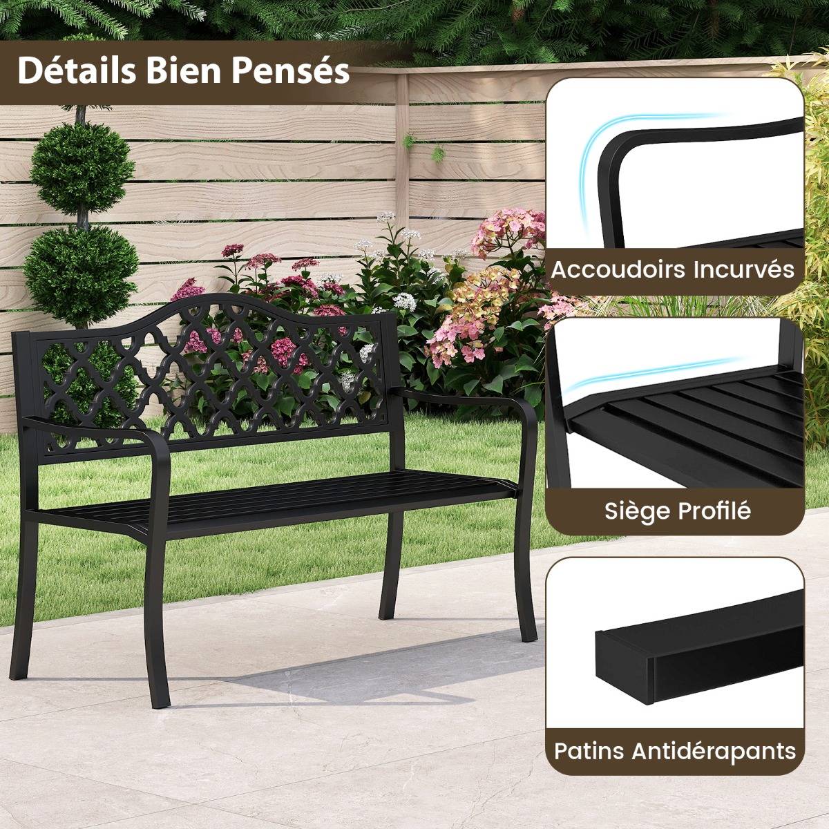 Maison Chic - Banc de Jardin de 128cm en Métal Assise en Lattes pour 2 à 3 Personnes avec Accoudoirs Incurvés - Image 5