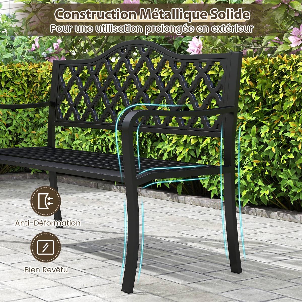 Maison Chic - Banc de Jardin de 128cm en Métal Assise en Lattes pour 2 à 3 Personnes avec Accoudoirs Incurvés - Image 7
