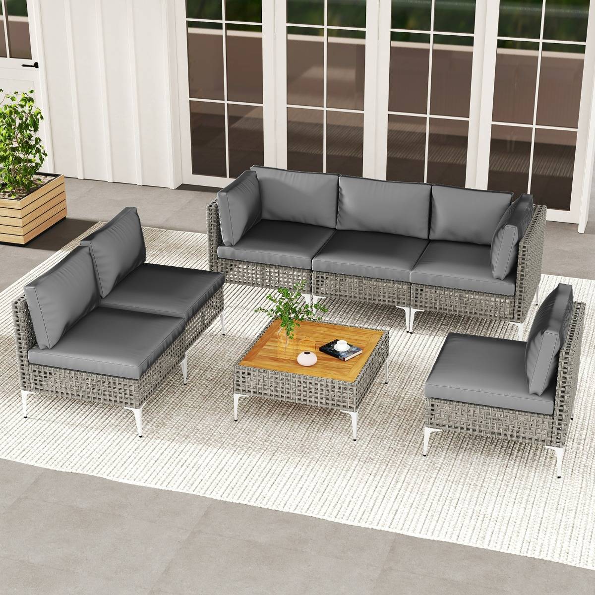 Ensemble de Meubles de Jardin 7 Pièces Canapé Sectionnel en Osier avec Coussins et Table Basse en Bois d'Acacia Gris MAISON CHIC - Image 3