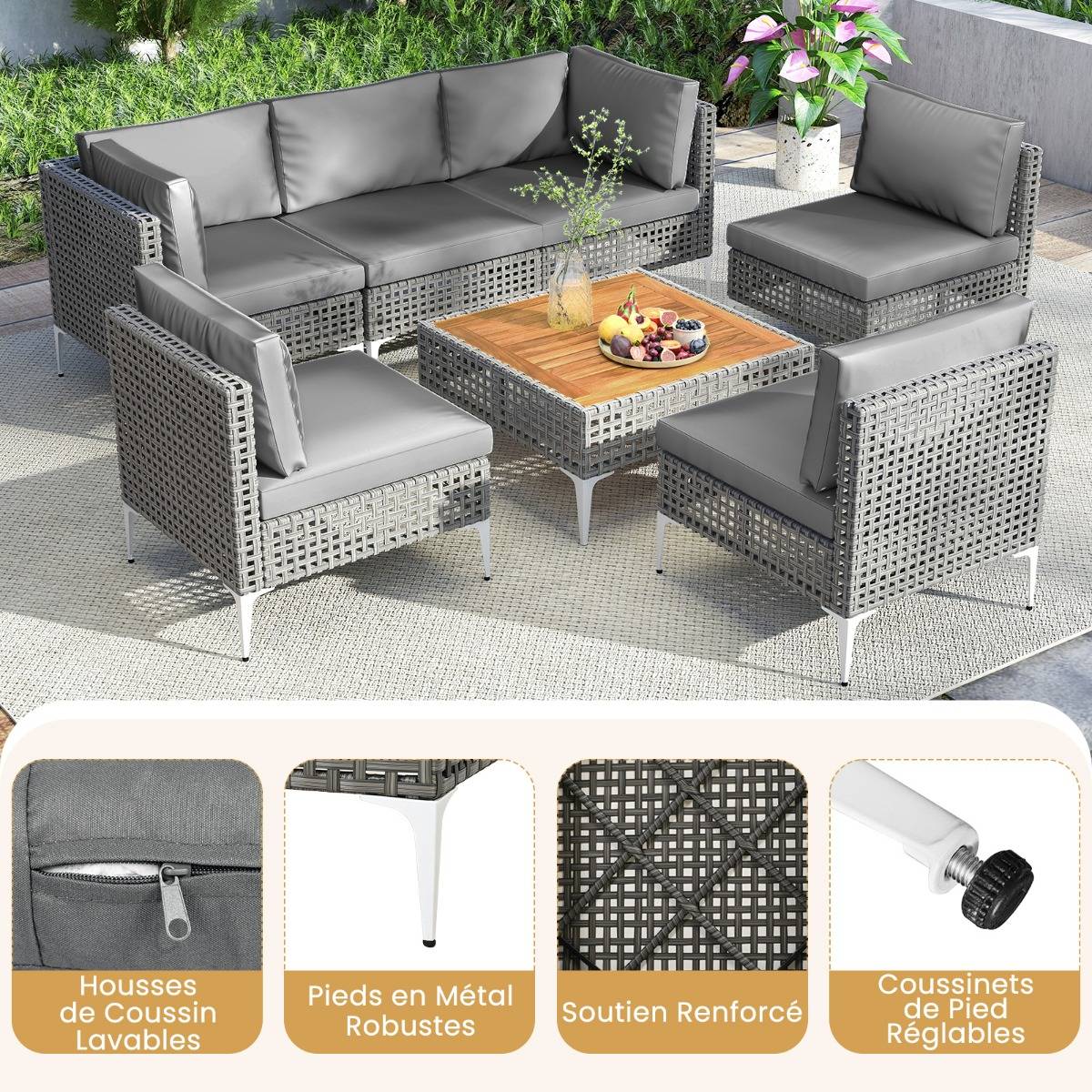 Ensemble de Meubles de Jardin 7 Pièces Canapé Sectionnel en Osier avec Coussins et Table Basse en Bois d'Acacia Gris MAISON CHIC - Image 4