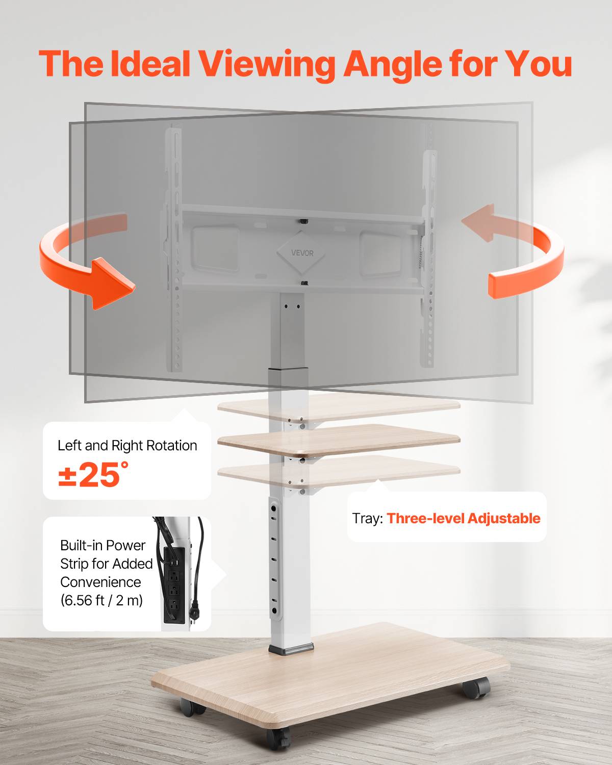 VEVOR Support TV à roulettes pour écrans 81.3-177.8cm, hauteur réglable avec plateau, charge 40kg, VESA 600x400mm. - Image 5