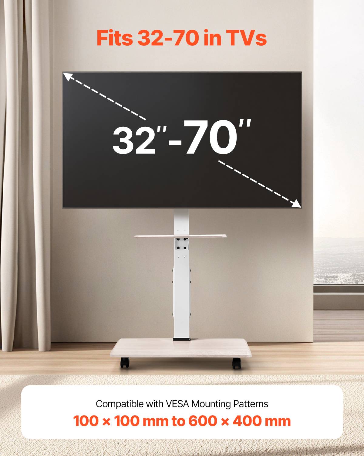 VEVOR Support TV à roulettes pour écrans 81.3-177.8cm, hauteur réglable avec plateau, charge 40kg, VESA 600x400mm. - Image 2