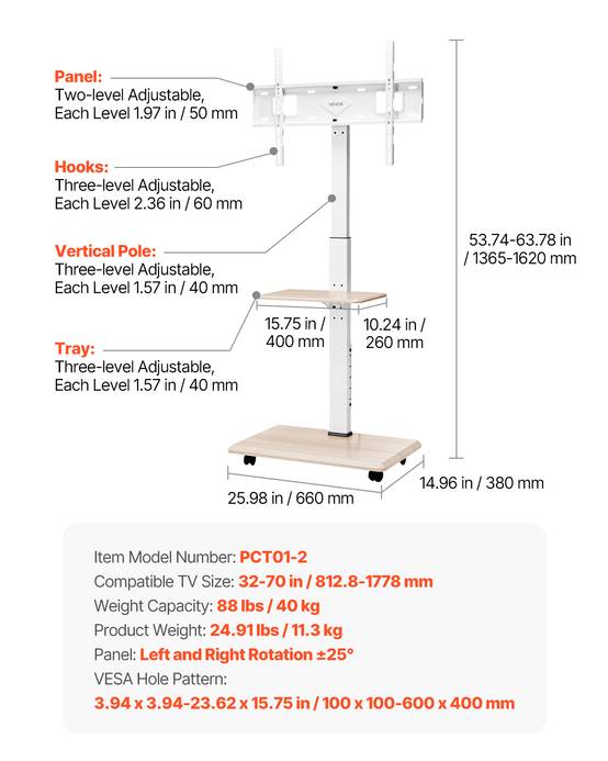 VEVOR Support TV à roulettes pour écrans 81.3-177.8cm, hauteur réglable avec plateau, charge 40kg, VESA 600x400mm. - Image 7