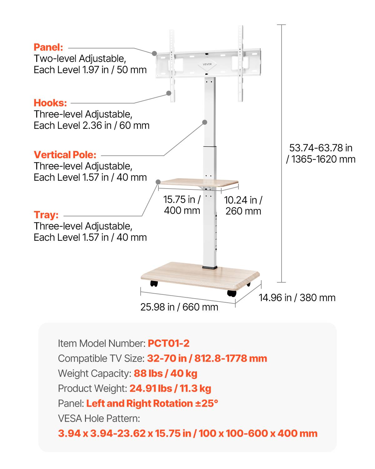 VEVOR Support TV à roulettes pour écrans 81.3-177.8cm, hauteur réglable avec plateau, charge 40kg, VESA 600x400mm. - Image 7