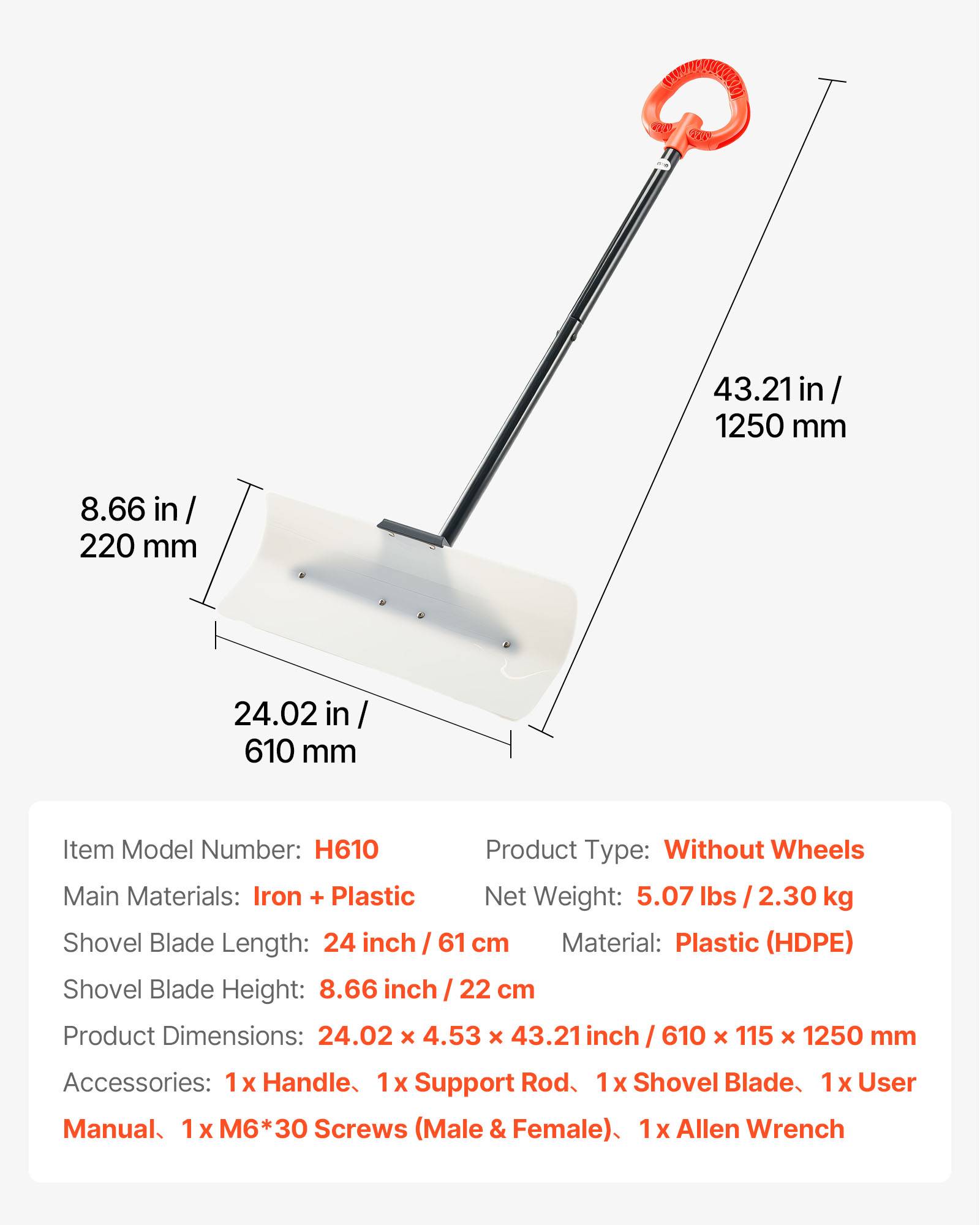 Vevor - VEVOR Pelle à Neige Poussoir à Neige en Plastique PEHD 61 cm pour Allée Escalier - Image 7