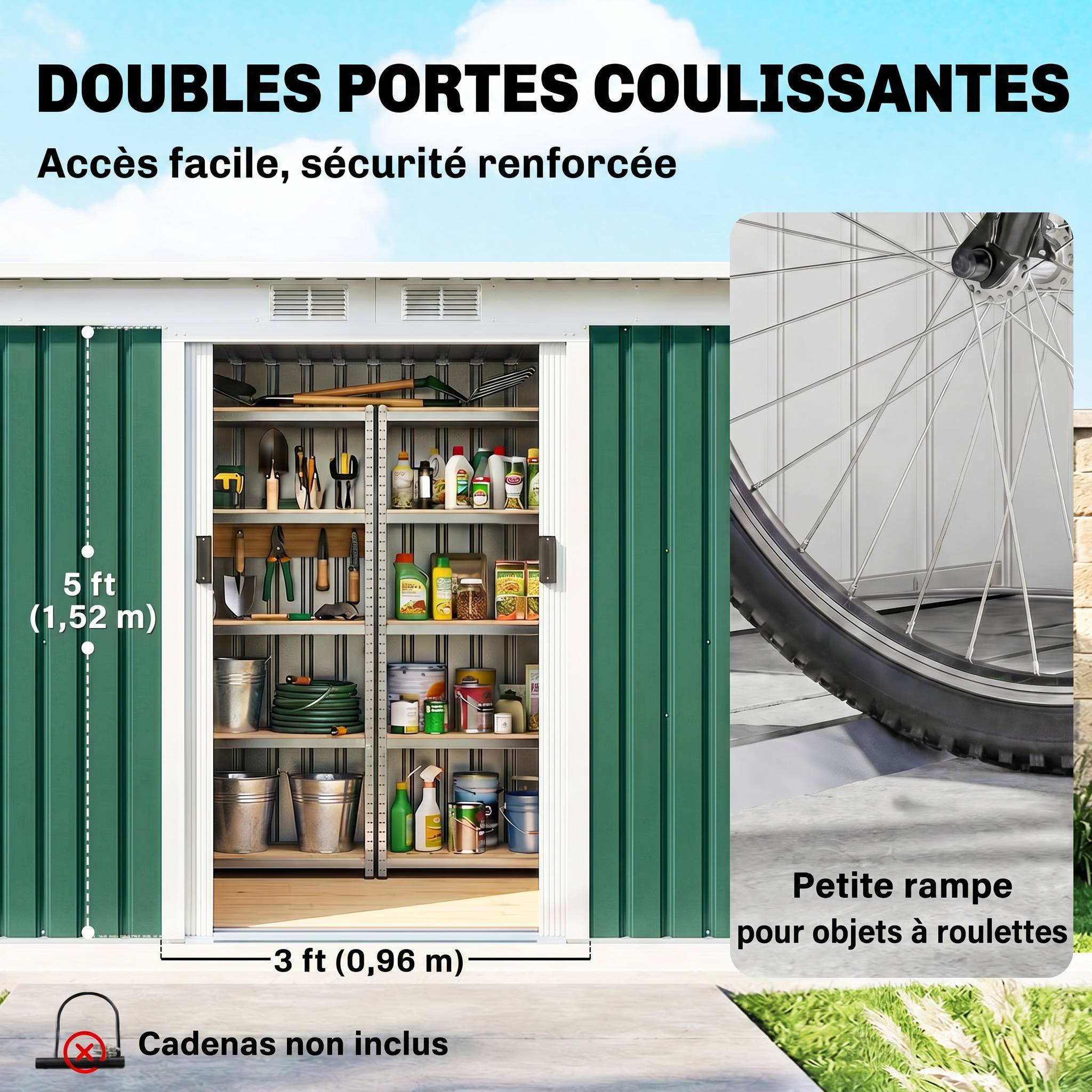 ComfortXL - Abri de jardin acier galvanisé extérieur rangement outils 280x130x172cm vert foncé - ComfortXL Outdoor Living - Image 7