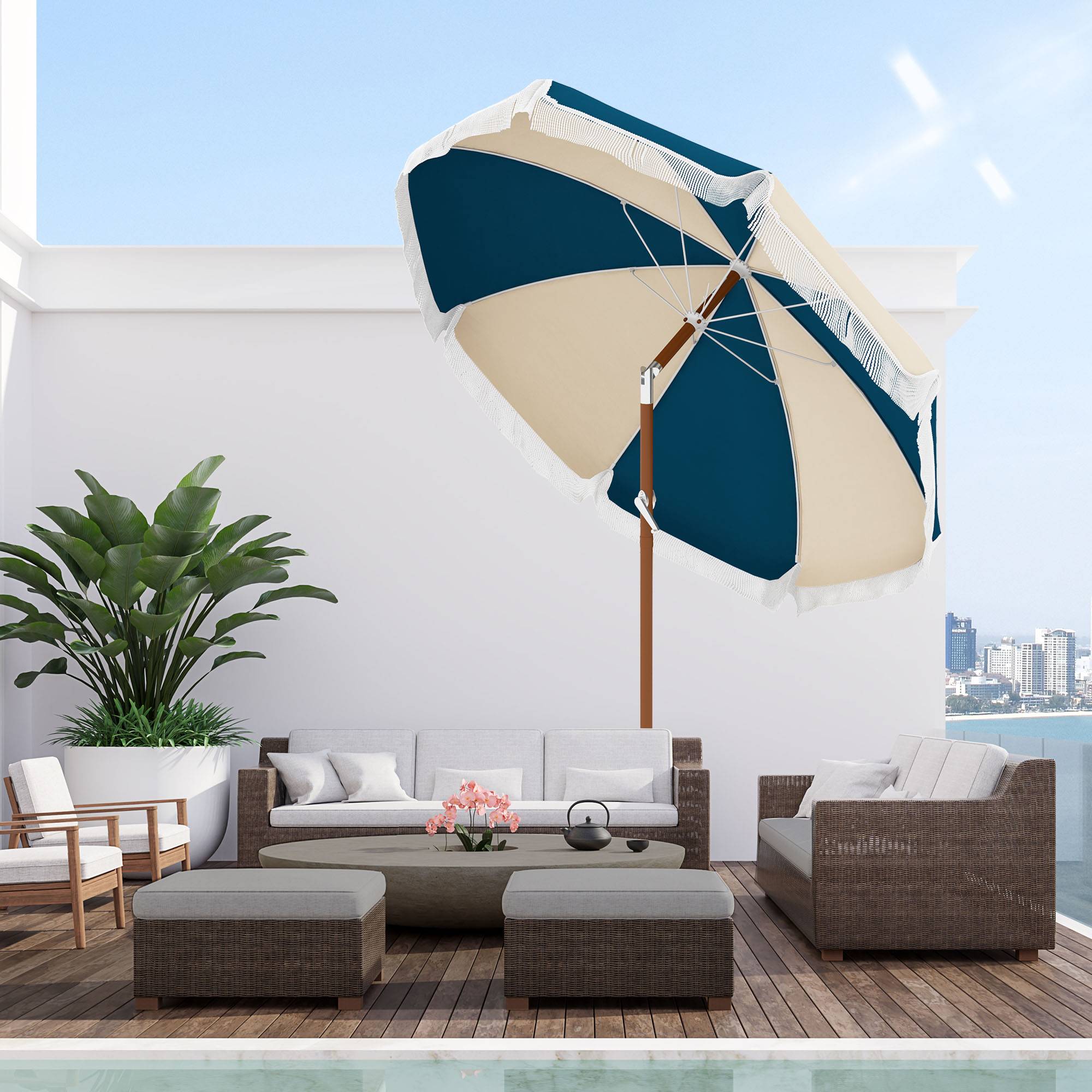 Parasol inclinable rond en polyester et acier bleu et beige 265 x 265 x 245 cm - PANGIVO - Image 4