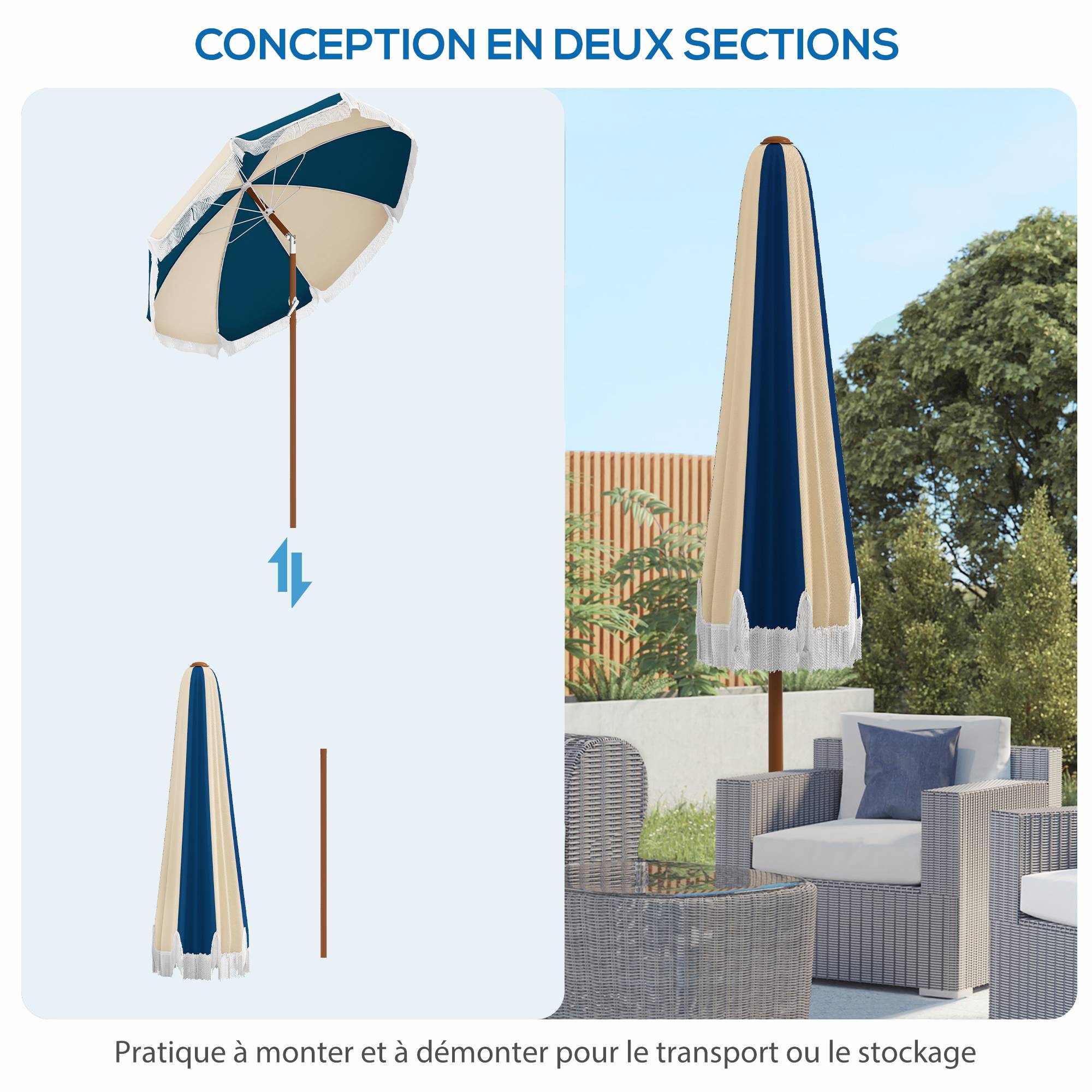 Parasol inclinable rond en polyester et acier bleu et beige 265 x 265 x 245 cm - PANGIVO - Image 10