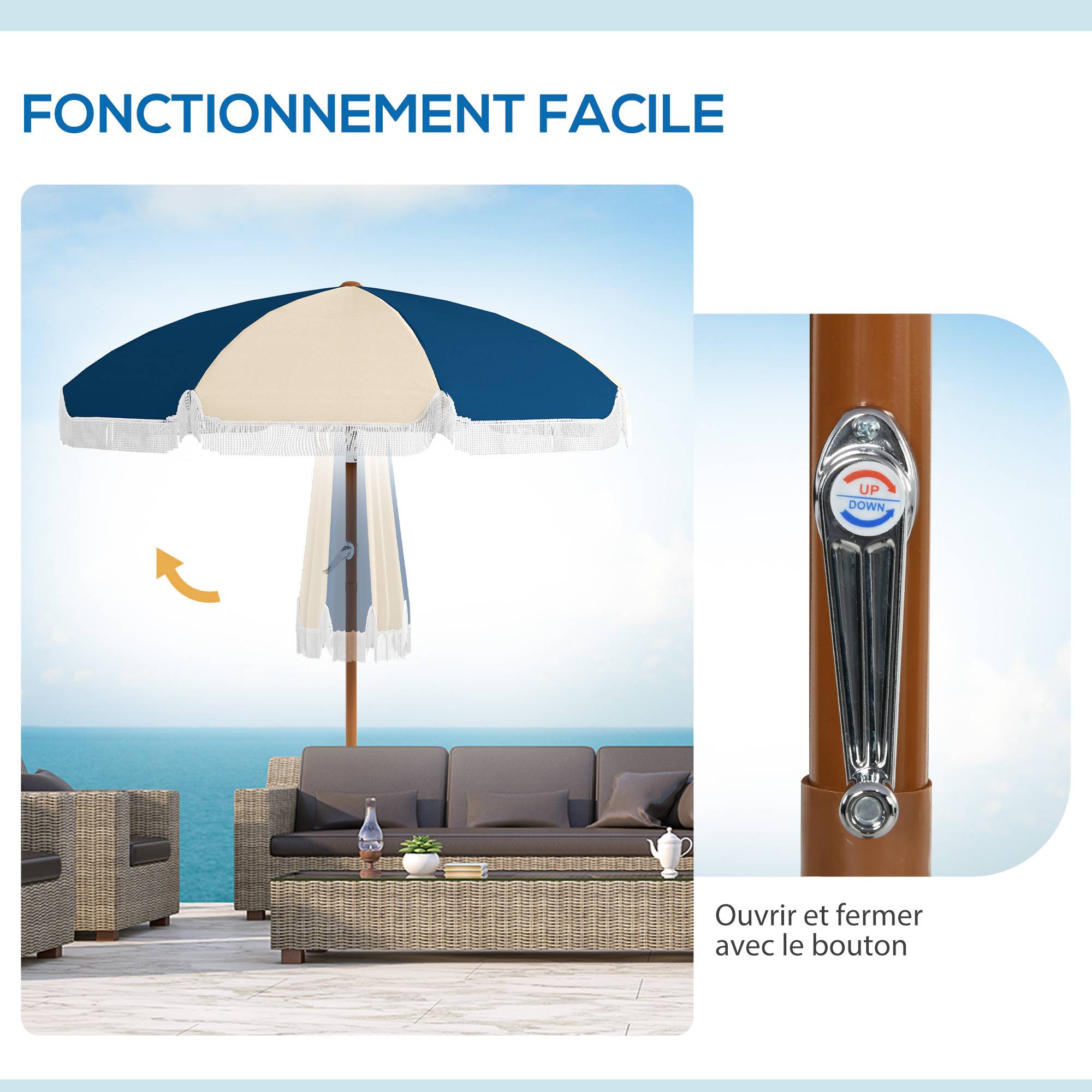 Parasol inclinable rond en polyester et acier bleu et beige 265 x 265 x 245 cm - PANGIVO - Image 7