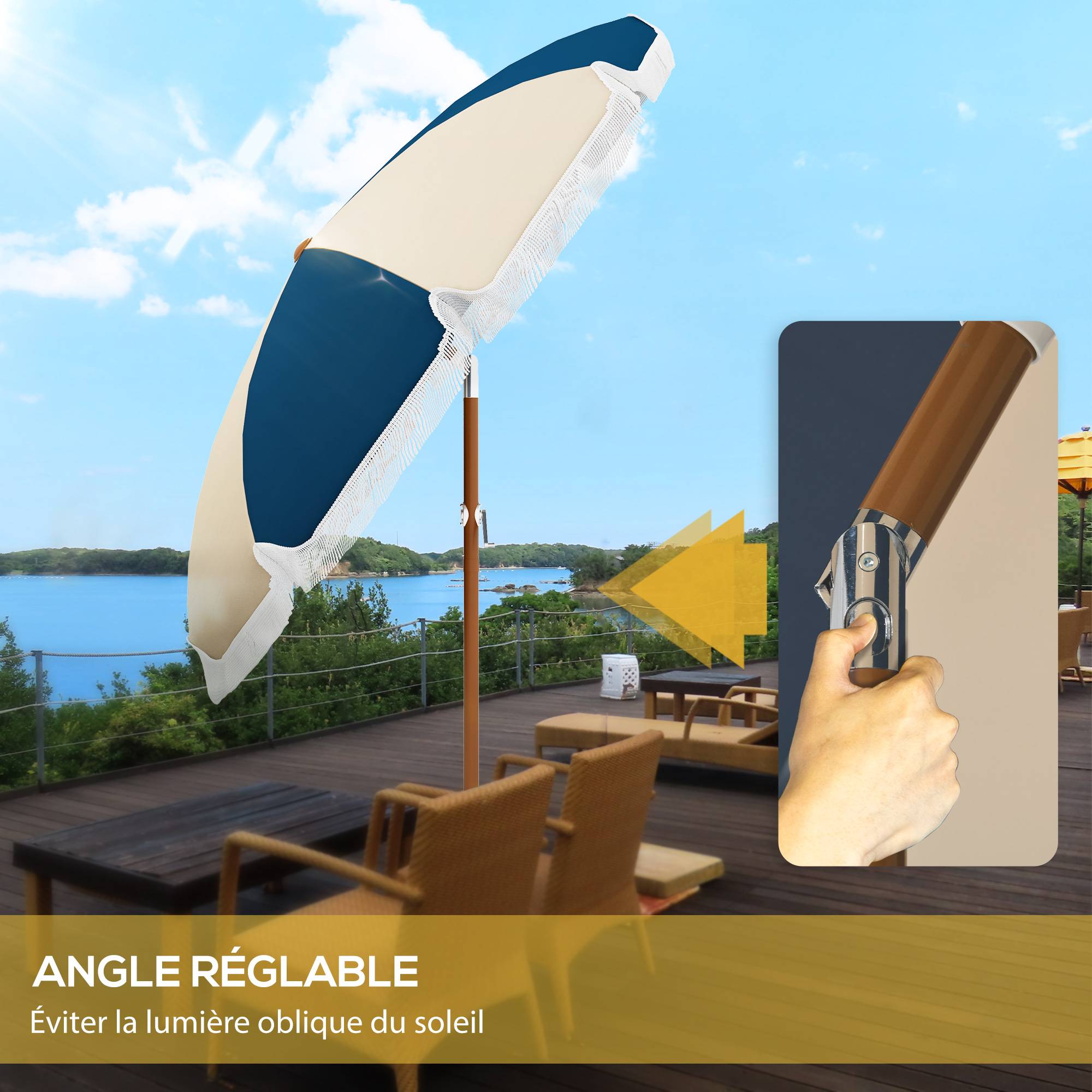 Parasol inclinable rond en polyester et acier bleu et beige 265 x 265 x 245 cm - PANGIVO - Image 6