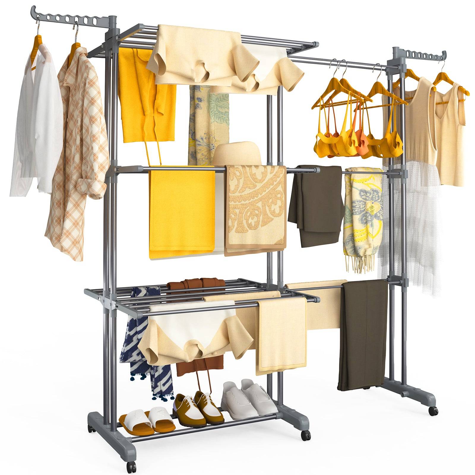 Vounot - Étendoir à linge extensible pliable 190x64x170cm, Séchoir 4 niveaux grande capacité avec roulettes, Gris, VOUNOT® - Image 1