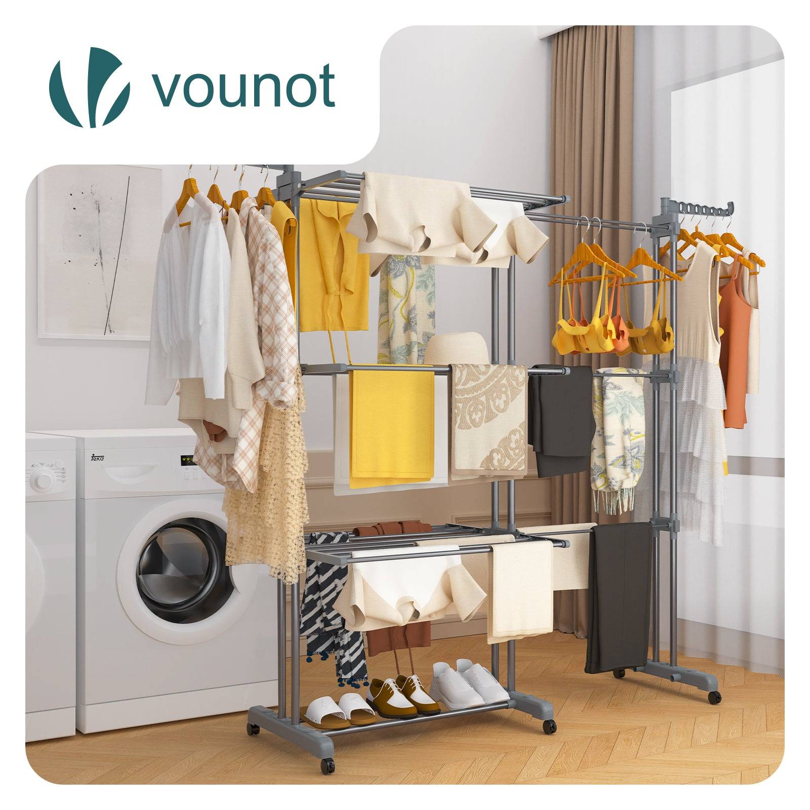 Vounot - Étendoir à linge extensible pliable 190x64x170cm, Séchoir 4 niveaux grande capacité avec roulettes, Gris, VOUNOT® - Image 2