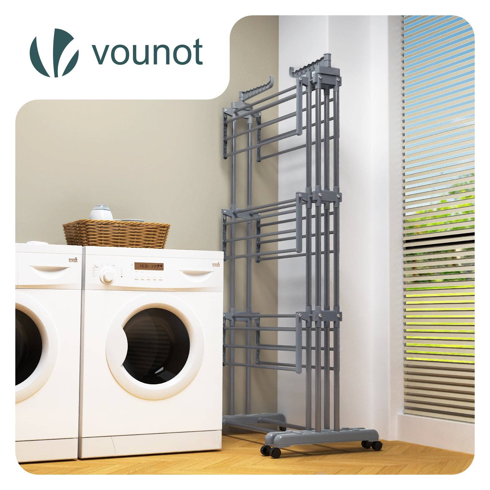 Vounot - Étendoir à linge extensible pliable 190x64x170cm, Séchoir 4 niveaux grande capacité avec roulettes, Gris, VOUNOT® - Image 6