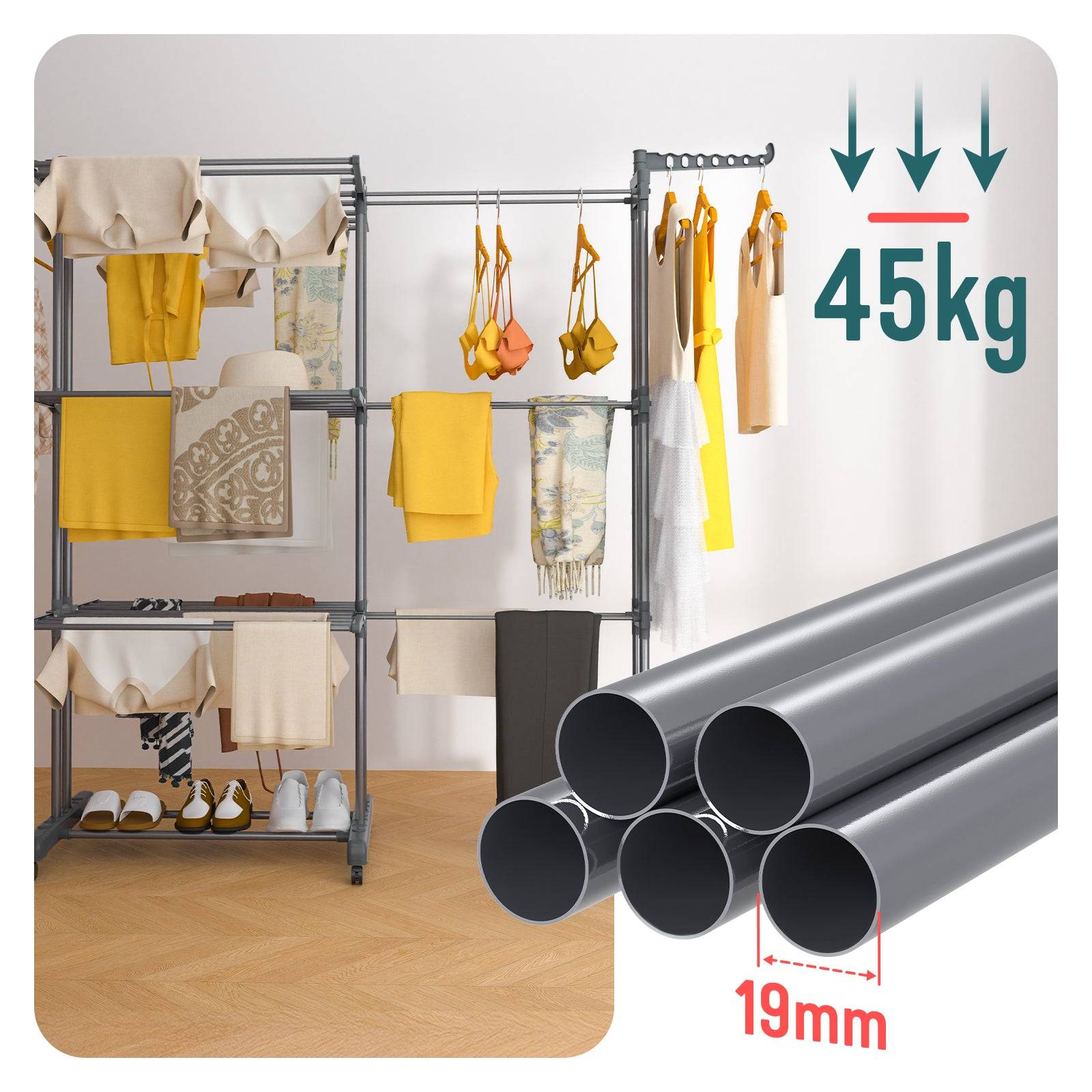 Vounot - Étendoir à linge extensible pliable 190x64x170cm, Séchoir 4 niveaux grande capacité avec roulettes, Gris, VOUNOT® - Image 7