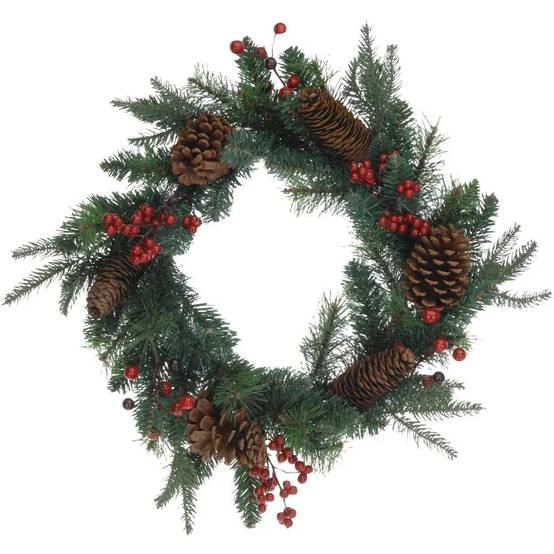 Couronne de Noël 45cm avec pommes de pin et baies rouges - Image 2