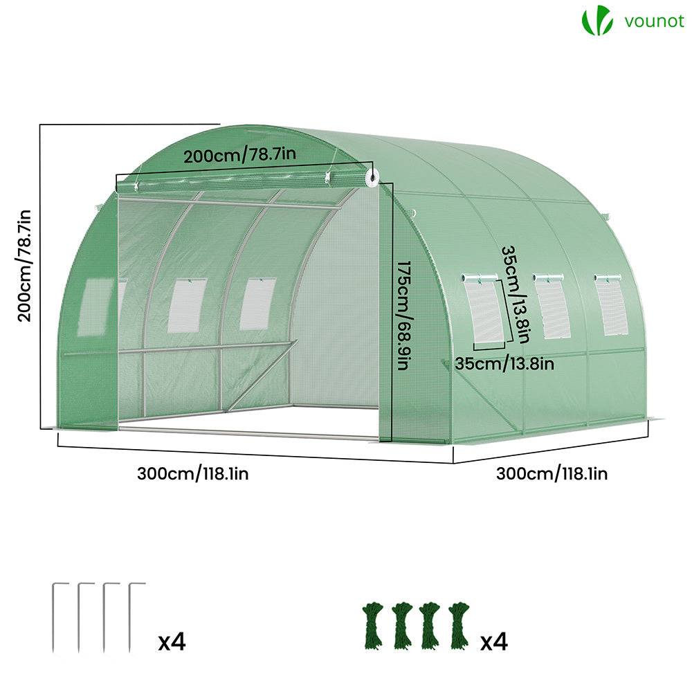 Vounot - Serre de jardin tunnel 9m² en acier galvanisé - 3L x 3l x 2H m - fenêtre anti-moustiquaire, porte enroulable, barre anti-tempête - Image 5