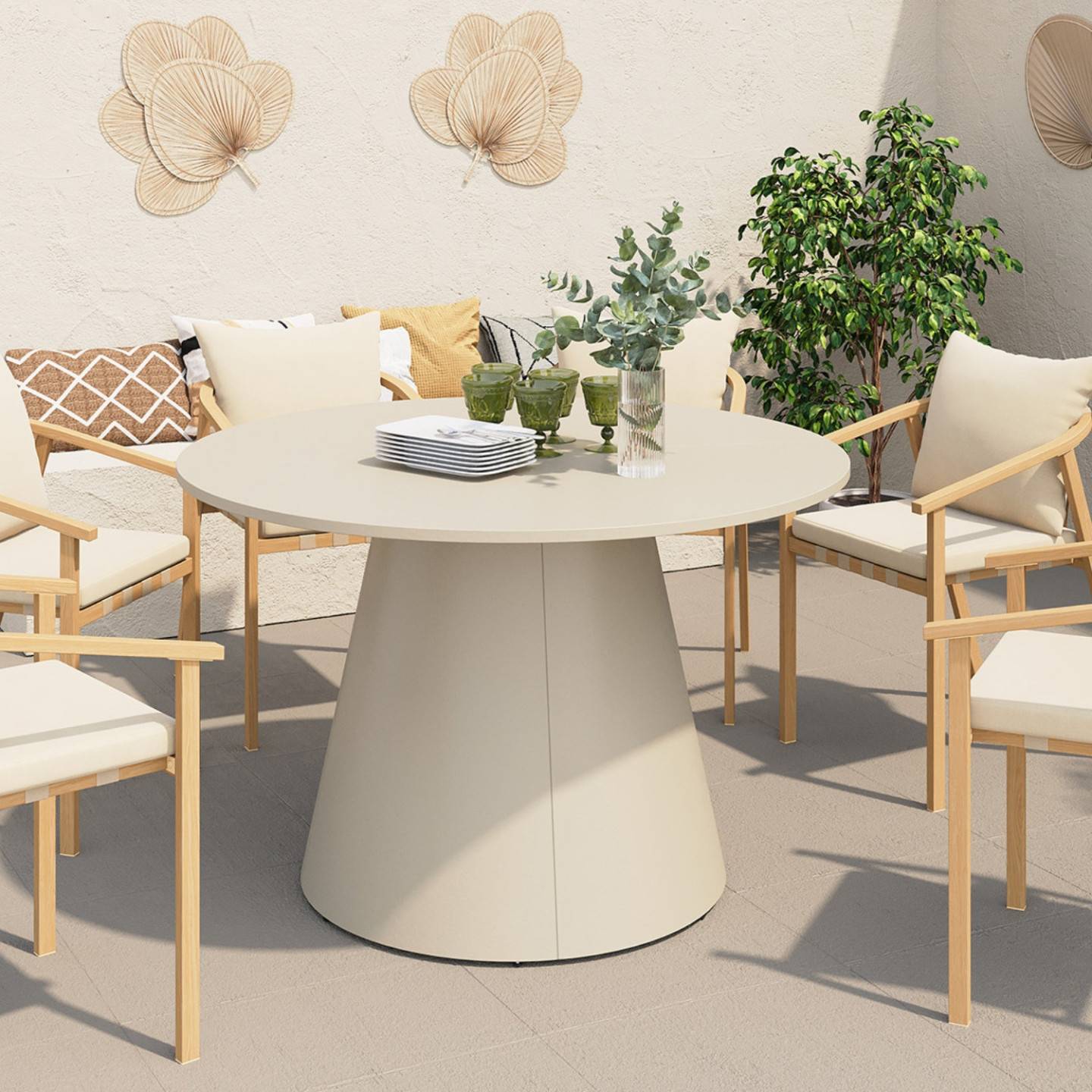 IDMARKET - Table de jardin ronde AMELIA 120 CM 6 personnes avec pied central en métal beige - Image 1