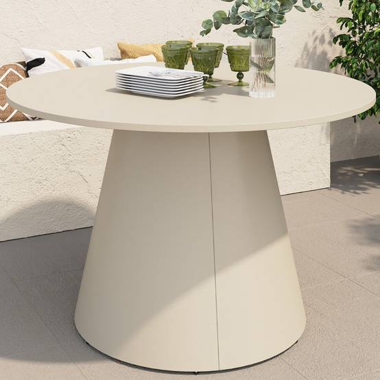 IDMARKET - Table de jardin ronde AMELIA 120 CM 6 personnes avec pied central en métal beige - Image 4