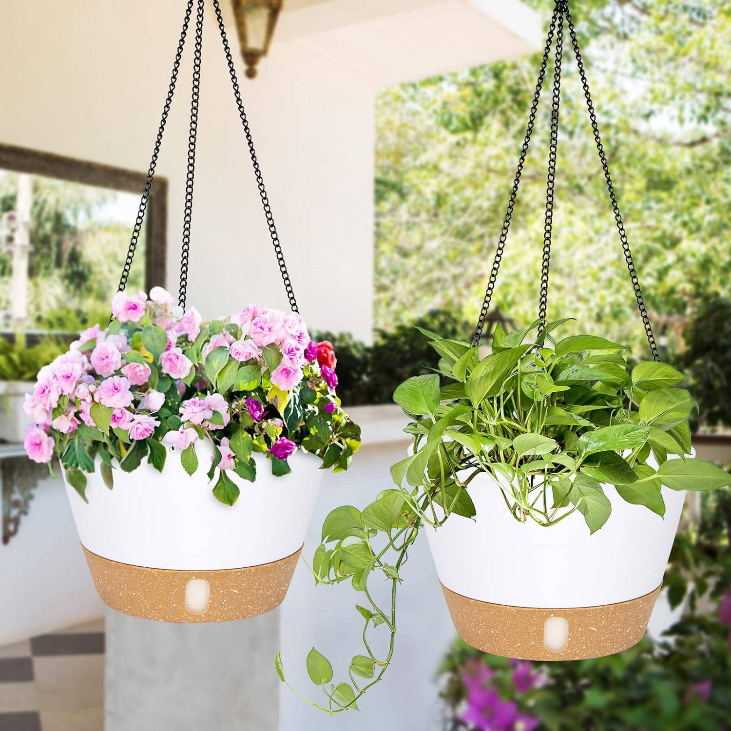Lot de 2(Blanc) jardinières suspendues, 25.4 cm de diamètre pour l'intérieur et l'extérieur, Fleurs Suspendu avec Trou de Drainage et 3 Crochet-Lytech - Image 4
