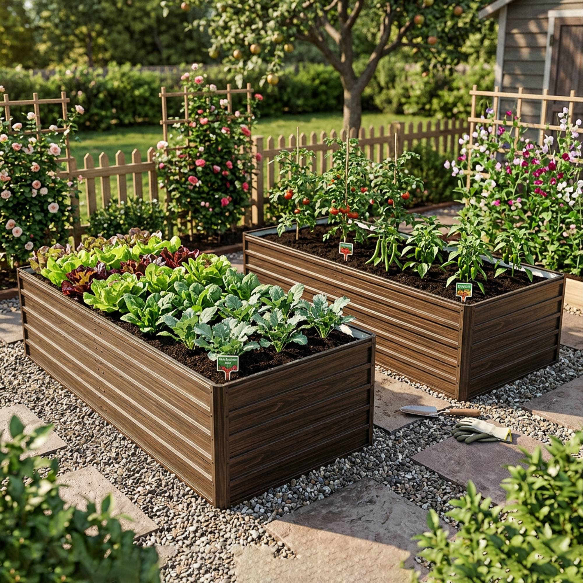 Carré potager surélevé en acier pour jardin base ouverte 190x90x64cm aspect bois - ComfortXL Outdoor Living - Image 1