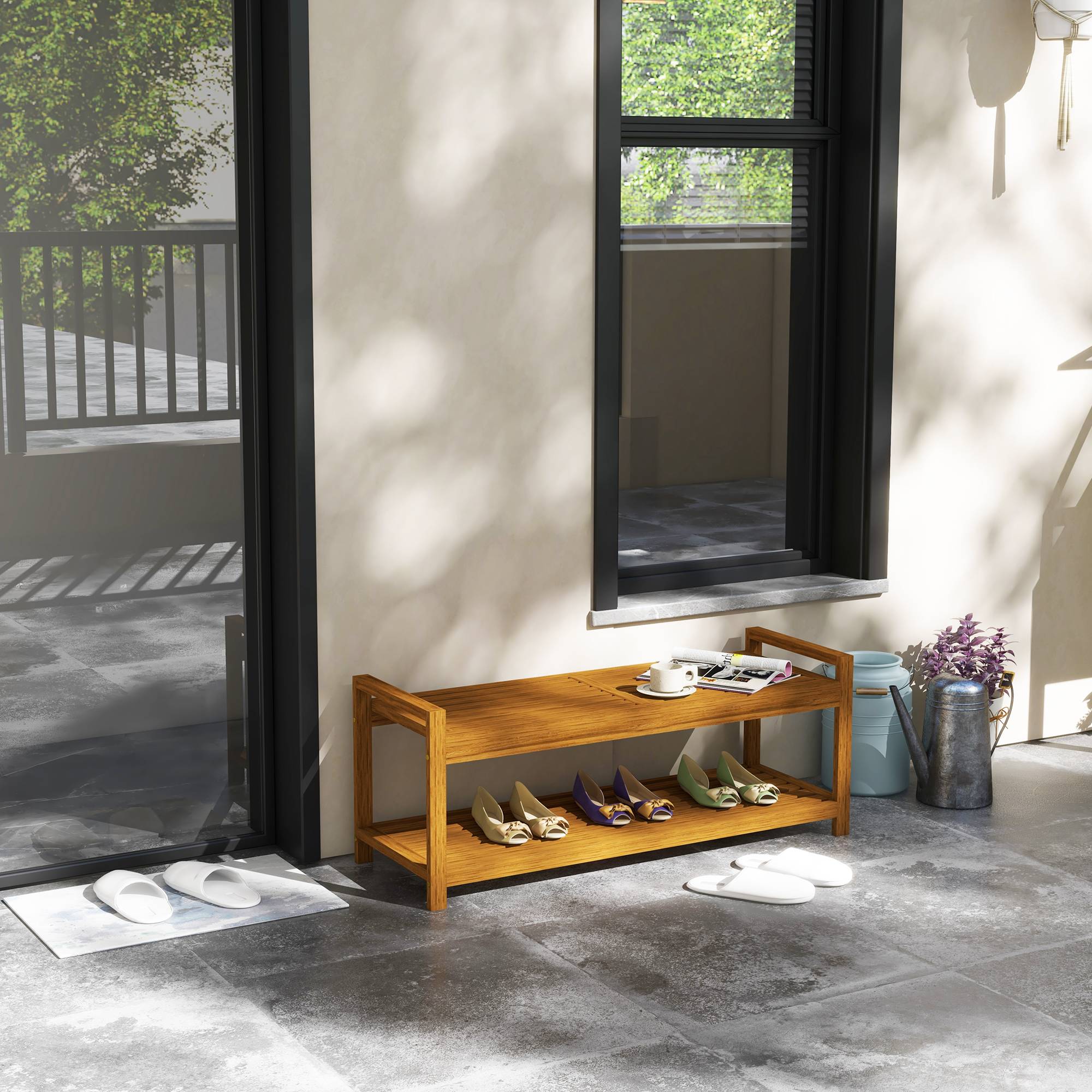 Outsunny - Banc de jardin avec étagère et assise à lattes en bois d'acacia - Outsunny - Image 2
