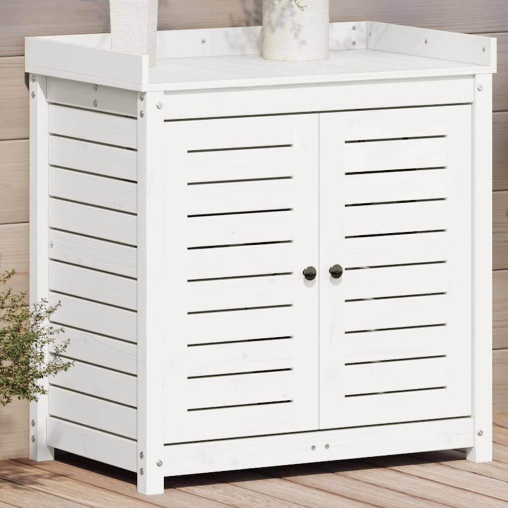 Table de rempotage en Pin massif Avec armoire de rangement pour Jardin et Serre Blanc 82.5x50x86.5 cm – ComfortXL Outdoor Living - Image 1
