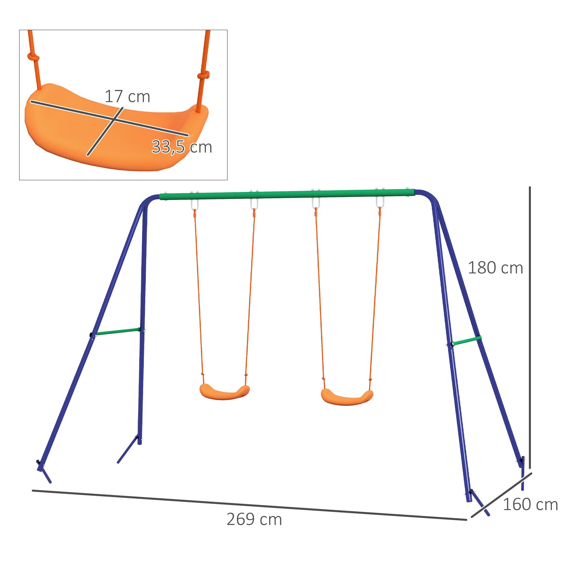 Balançoire pour enfants avec 2 sièges, pour les 3-8 ans, en acier, 2,7 x 1,6 x 1,8 m - Image 5