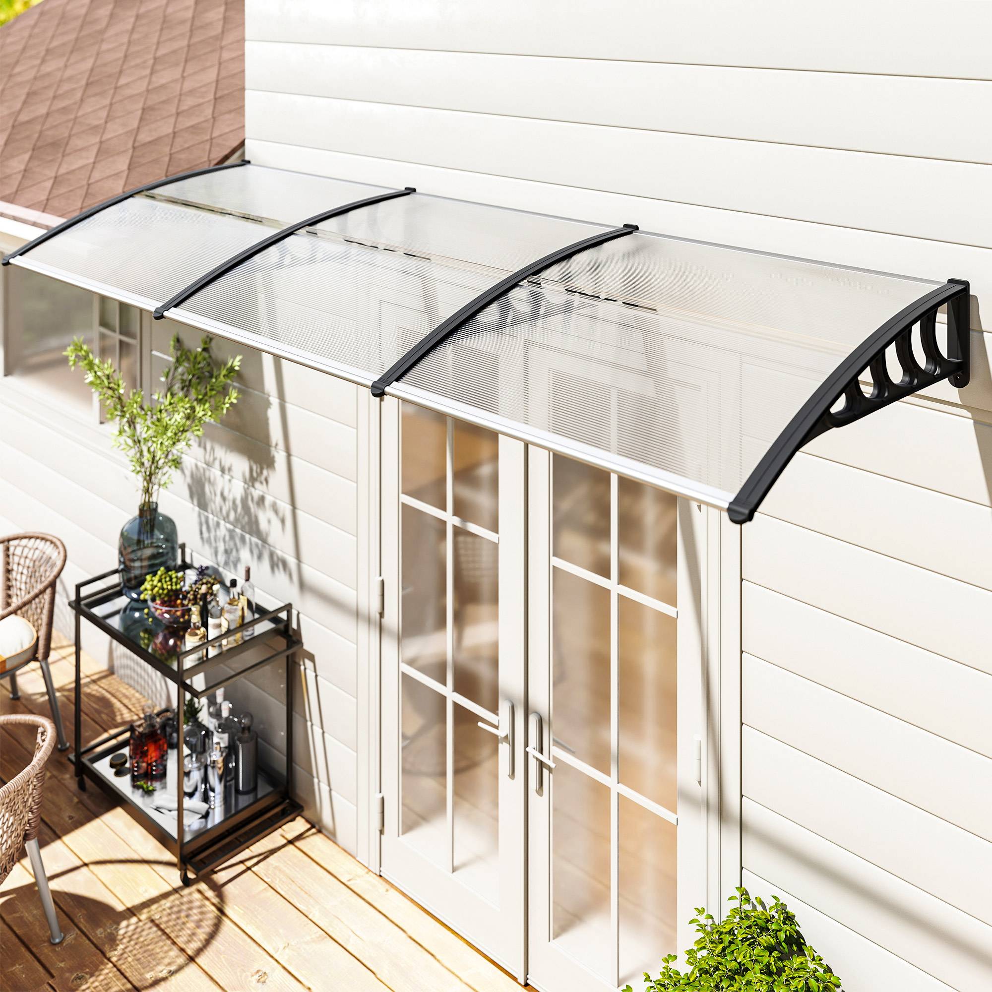 Store transparent 303x96 cm avec toit en polycarbonate pour fenêtres, protection solaire design sobre pour ouverture pratique et lumineux - Image 3