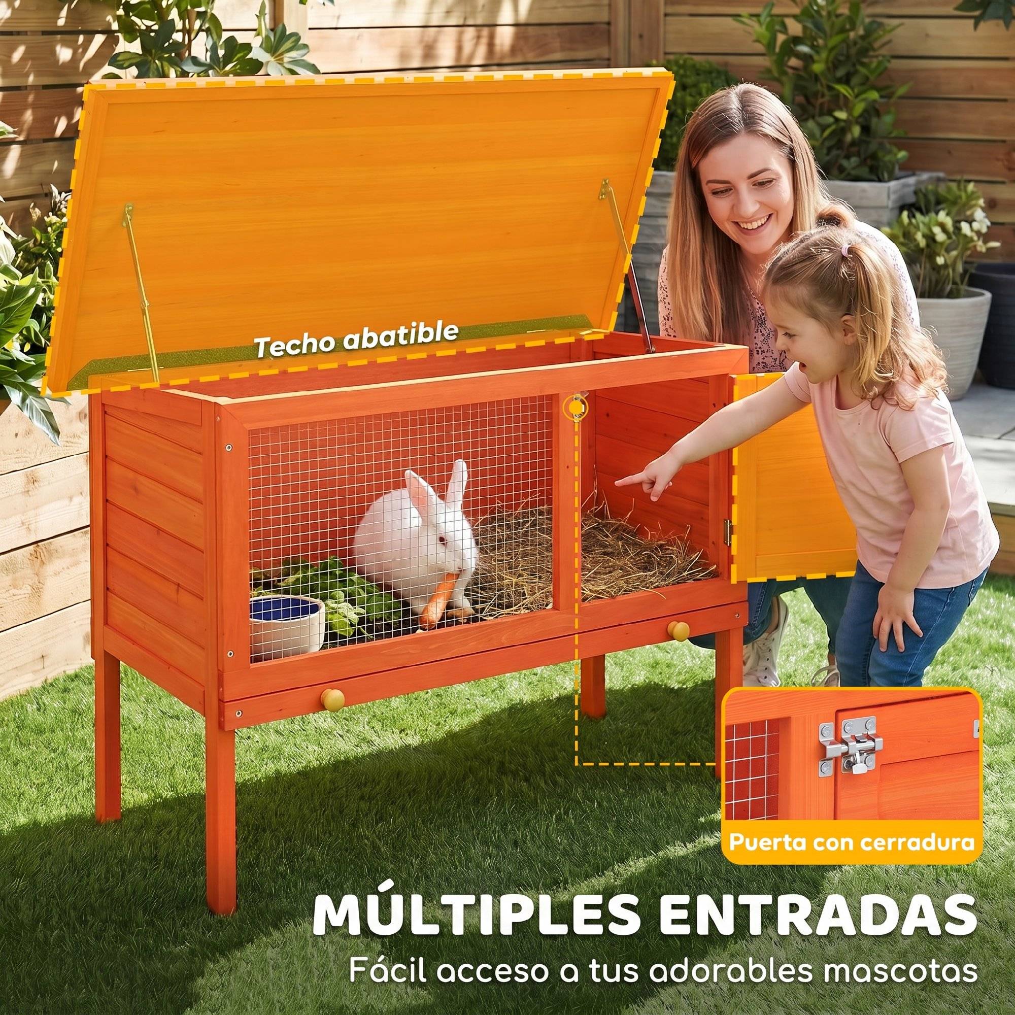 Cage à lapins en bois pour lapins moyens, toit bitumé rabattable, bac extractible, porte orange - Image 7