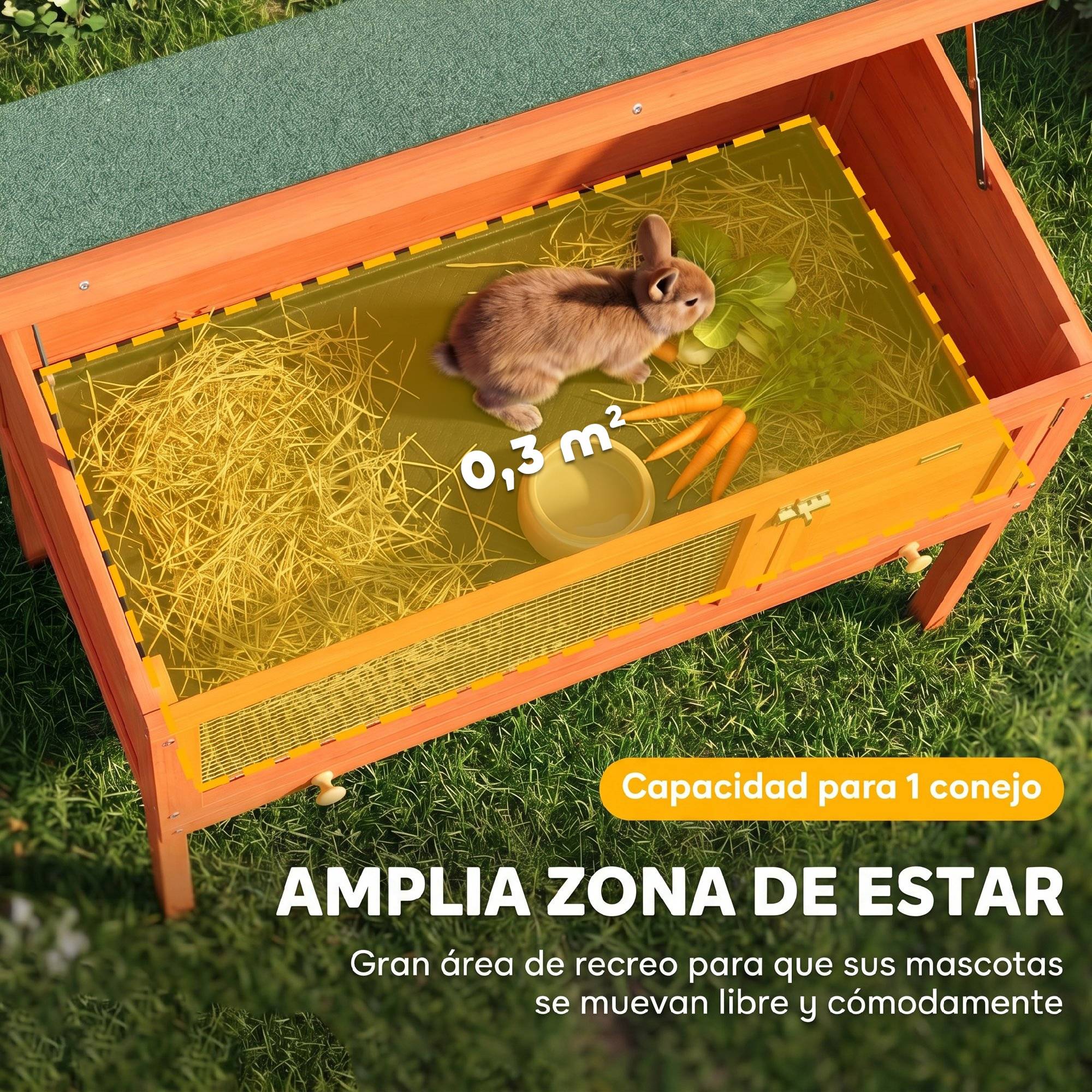 Cage à lapins en bois pour lapins moyens, toit bitumé rabattable, bac extractible, porte orange - Image 6