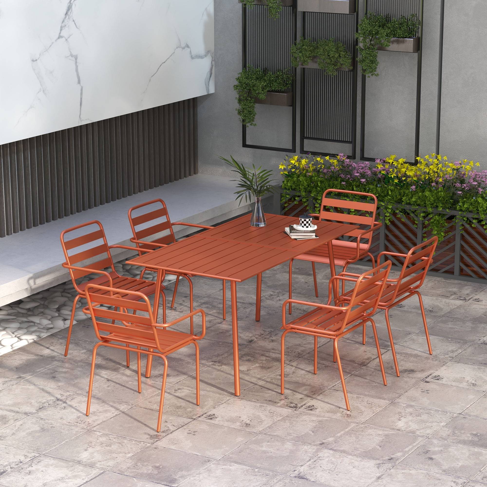 Outsunny - Salon de jardin 6 places 7 pièces - table à manger 6 chaises empilables - acier thermolaqué terre battue - Outsunny - Image 2