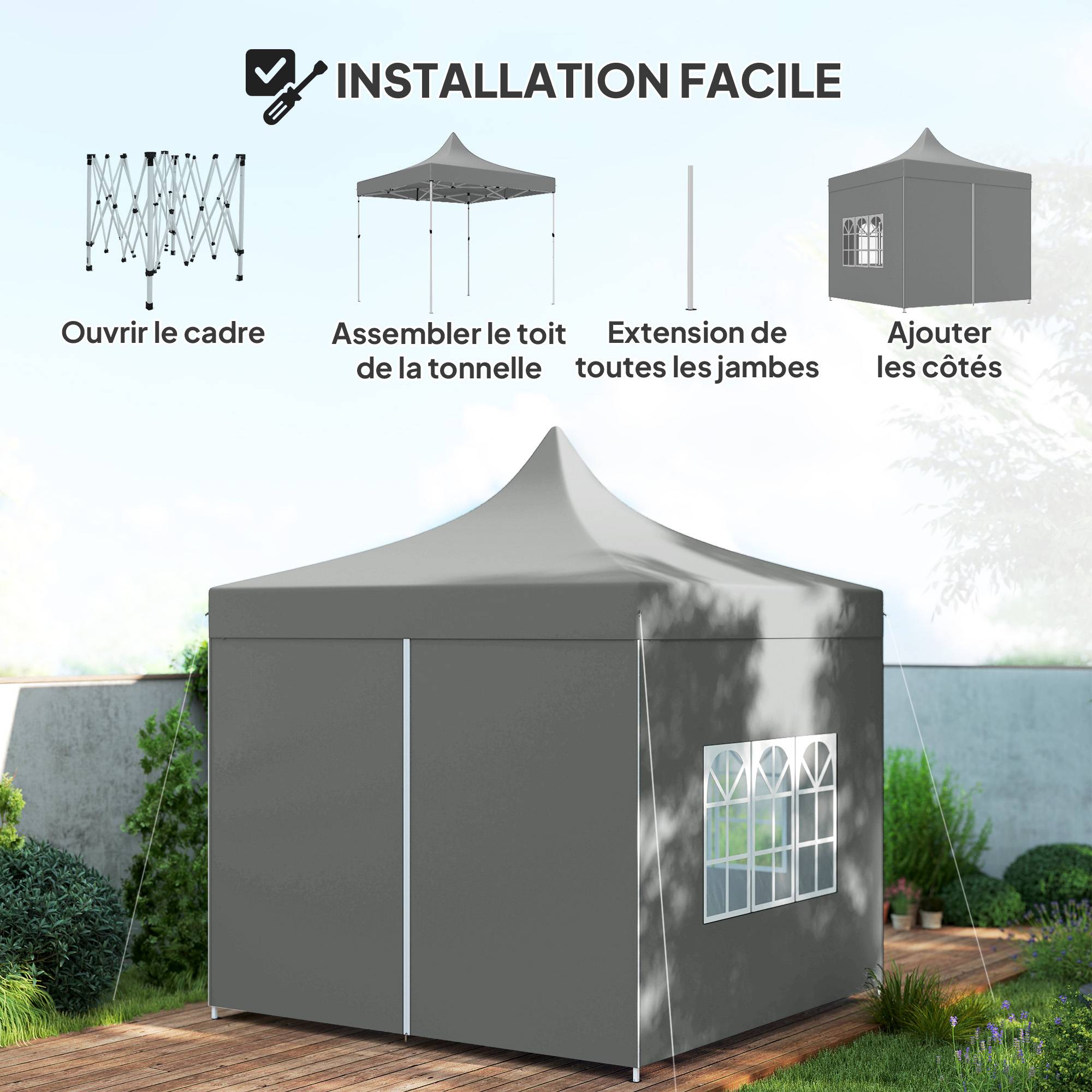 Tonnelle jardin pliante 3x3 m hauteur réglable panneaux amovibles fenêtres Oxford grise - Image 7