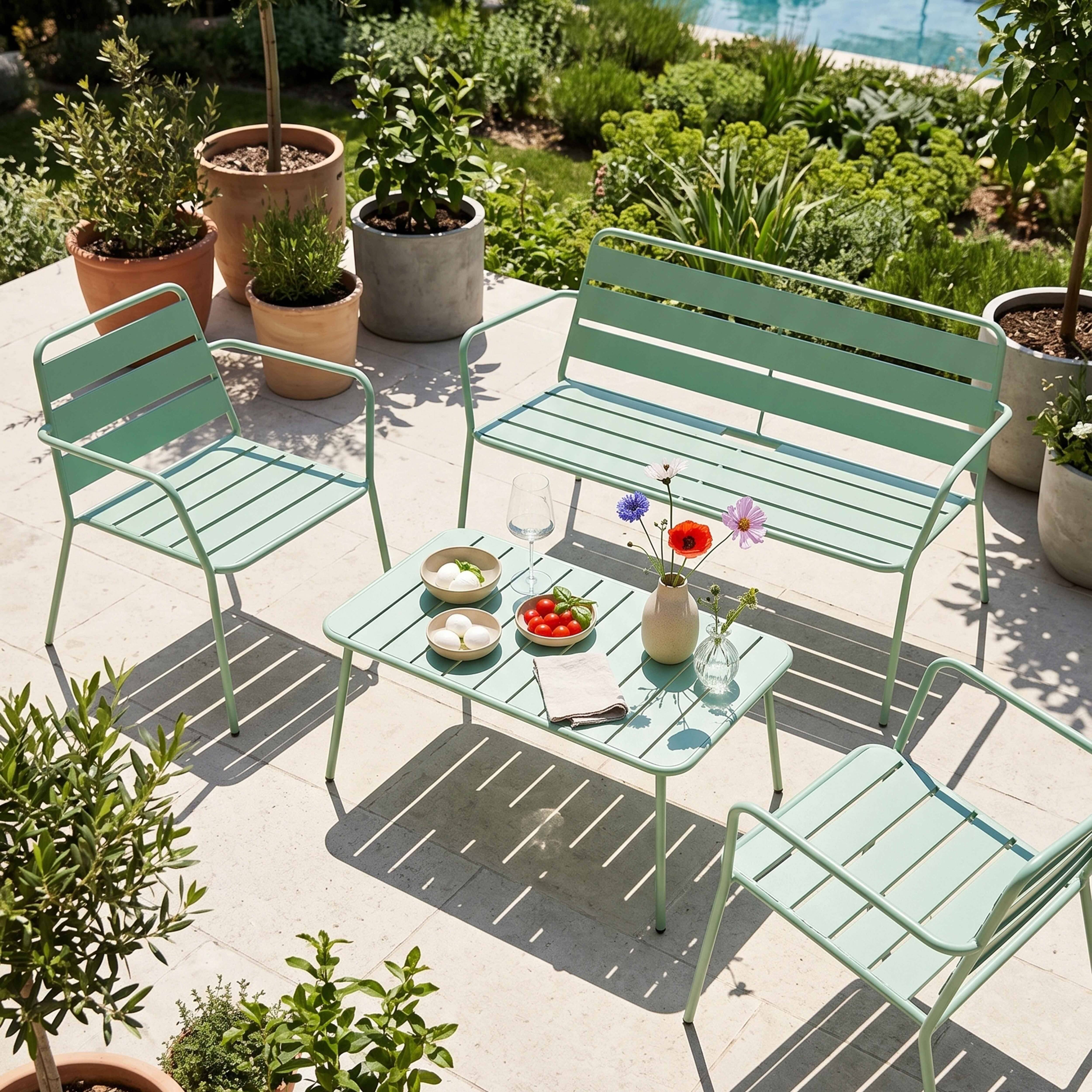 Oviala - Salon de  jardin 4 places et 1 table basse en acier vert sauge Palavas - Oviala - Image 2