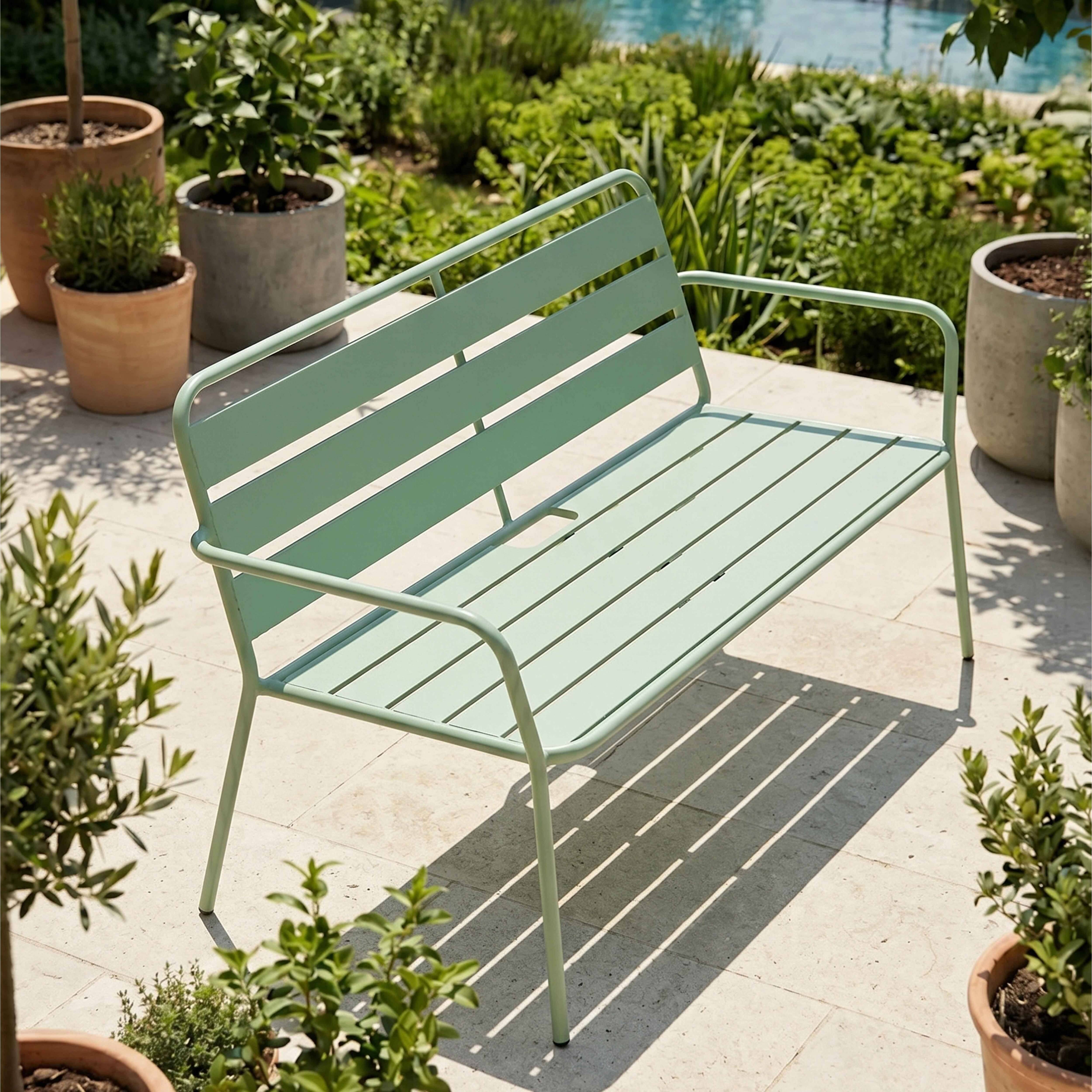 Oviala - Salon de jardin 4 places et 1 table basse en acier vert sauge Palavas - Oviala - Image 5