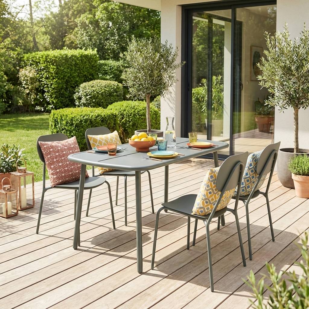 sweeek - Table de jardin aluminium + 4 assises kaki - Avelia | sweeek
