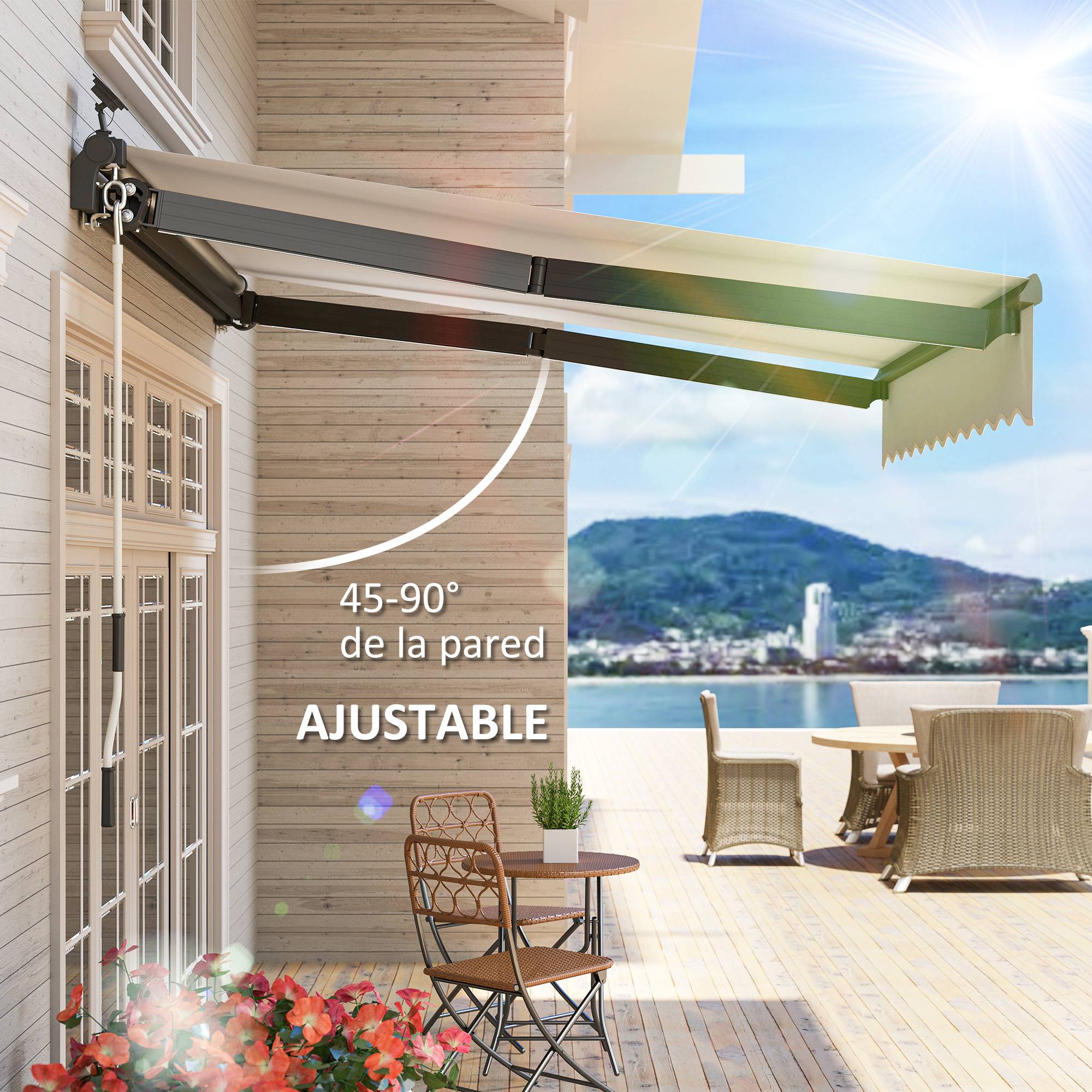 Store banne rétractable manuel avec éclairage solaire LED, inclinaison réglable de 45 à 90° et protection UPF 50+, extérieur 3 x 2,5 m, crème - Image 8