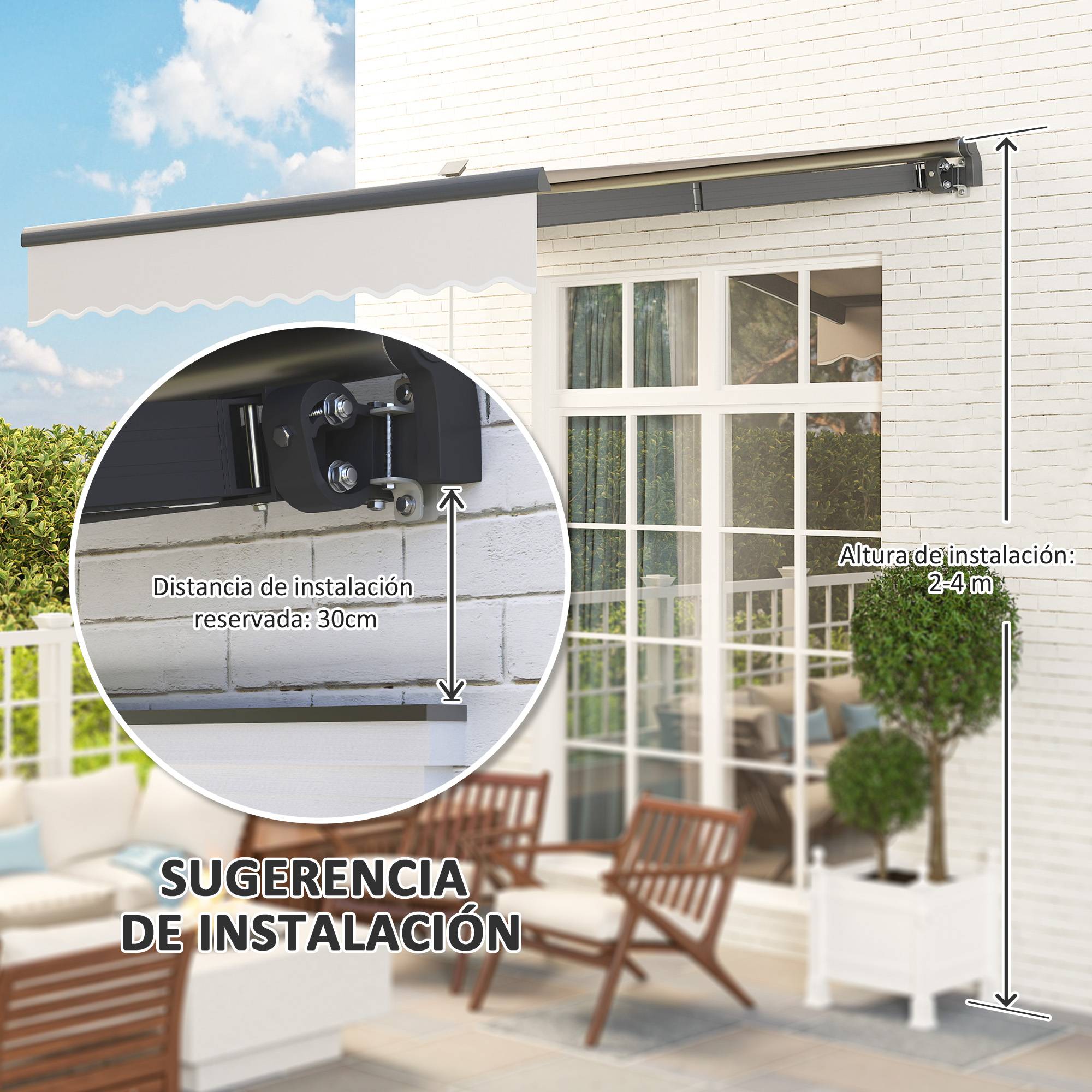 Store banne rétractable manuel avec éclairage solaire LED, inclinaison réglable de 45 à 90° et protection UPF 50+, extérieur 3 x 2,5 m, crème - Image 9