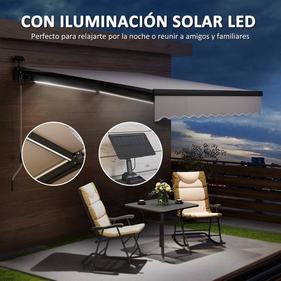 Store banne rétractable manuel avec éclairage solaire LED, inclinaison réglable de 45 à 90° et protection UPF 50+, extérieur 3 x 2,5 m, crème - Image 6